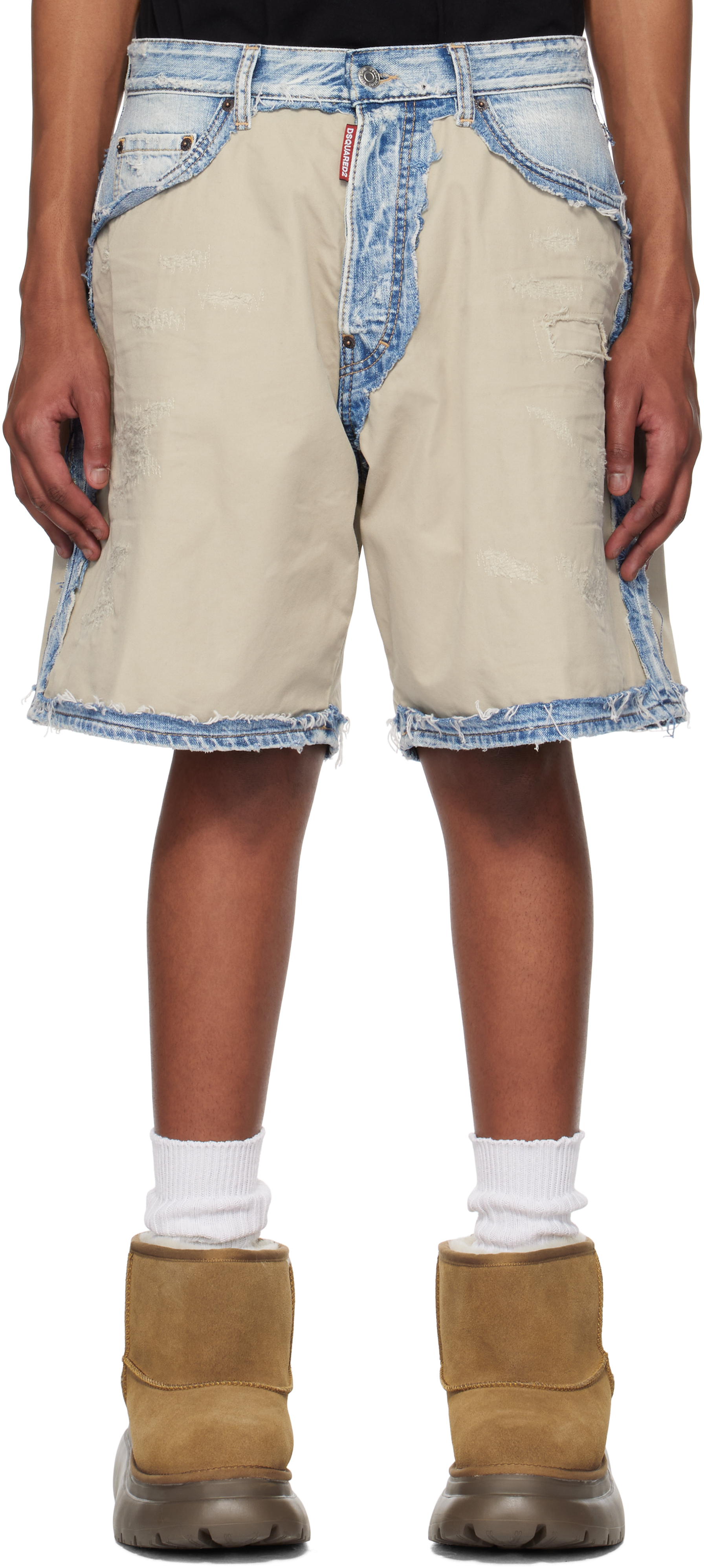 Beige 
Blue Super Ripped Mixed Boxer Denim Shorts