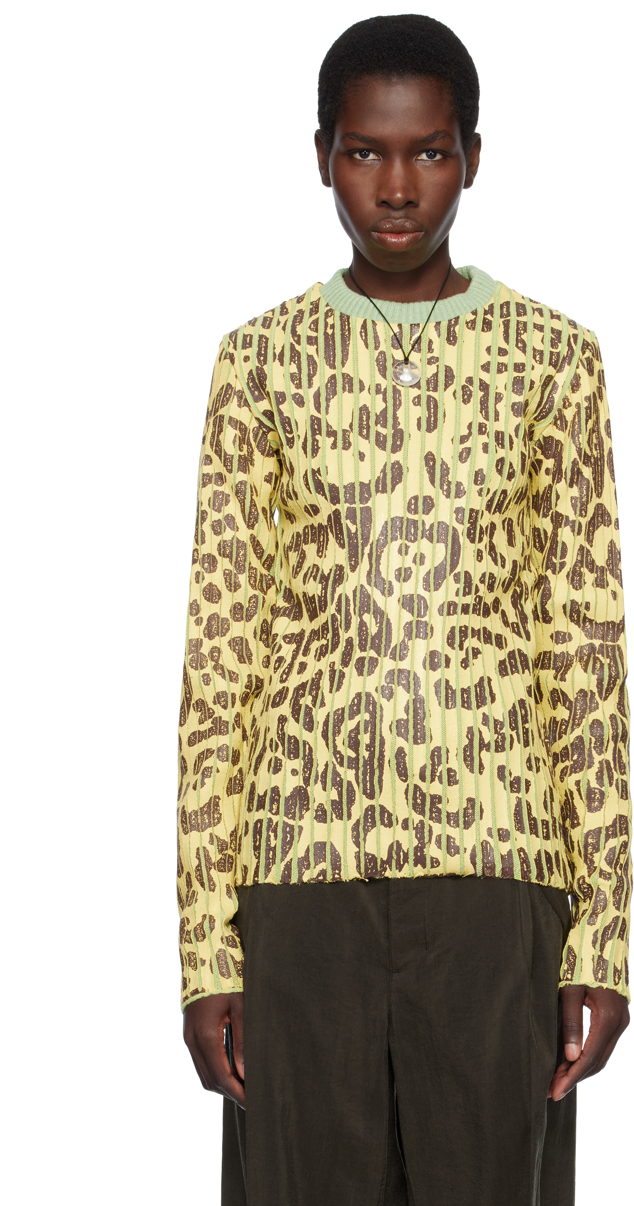 Yellow & Green Leopard Print Plated Knit Crewneck Sweater