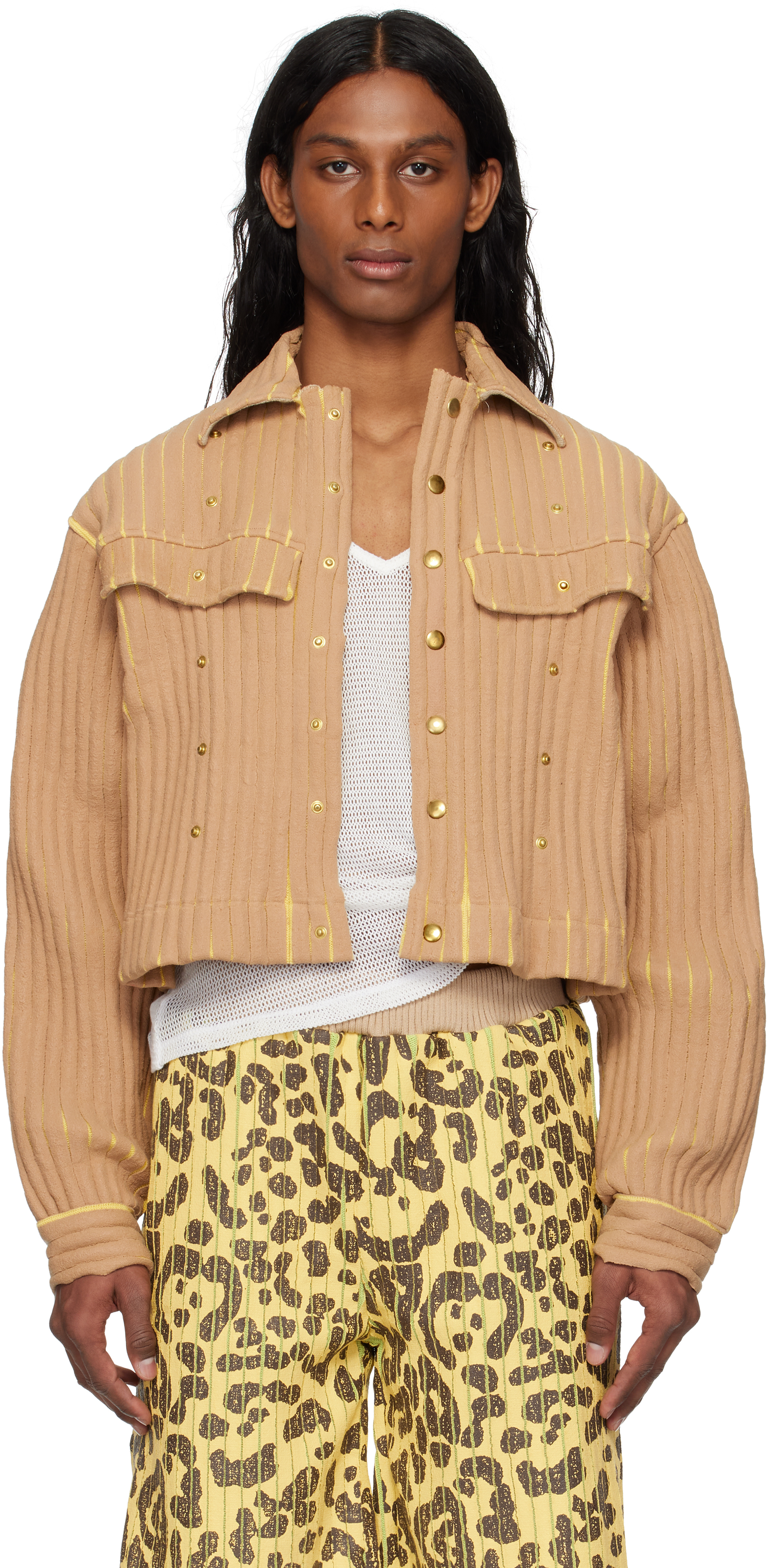 Beige & Yellow Ribbed Cropped Work Jacket