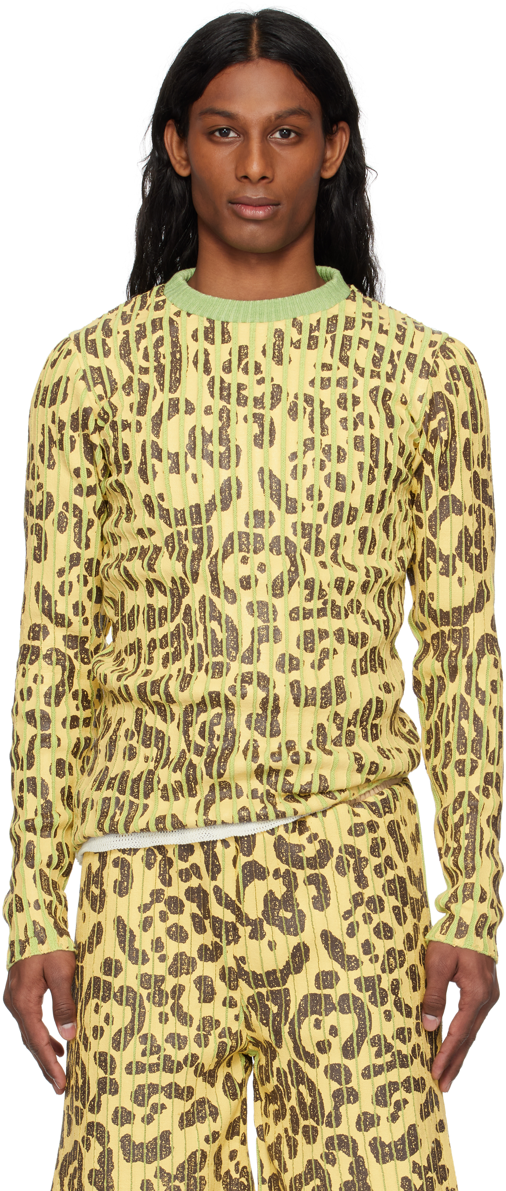 Yellow & Green Leopard Print Plated Knit Crewneck Sweater