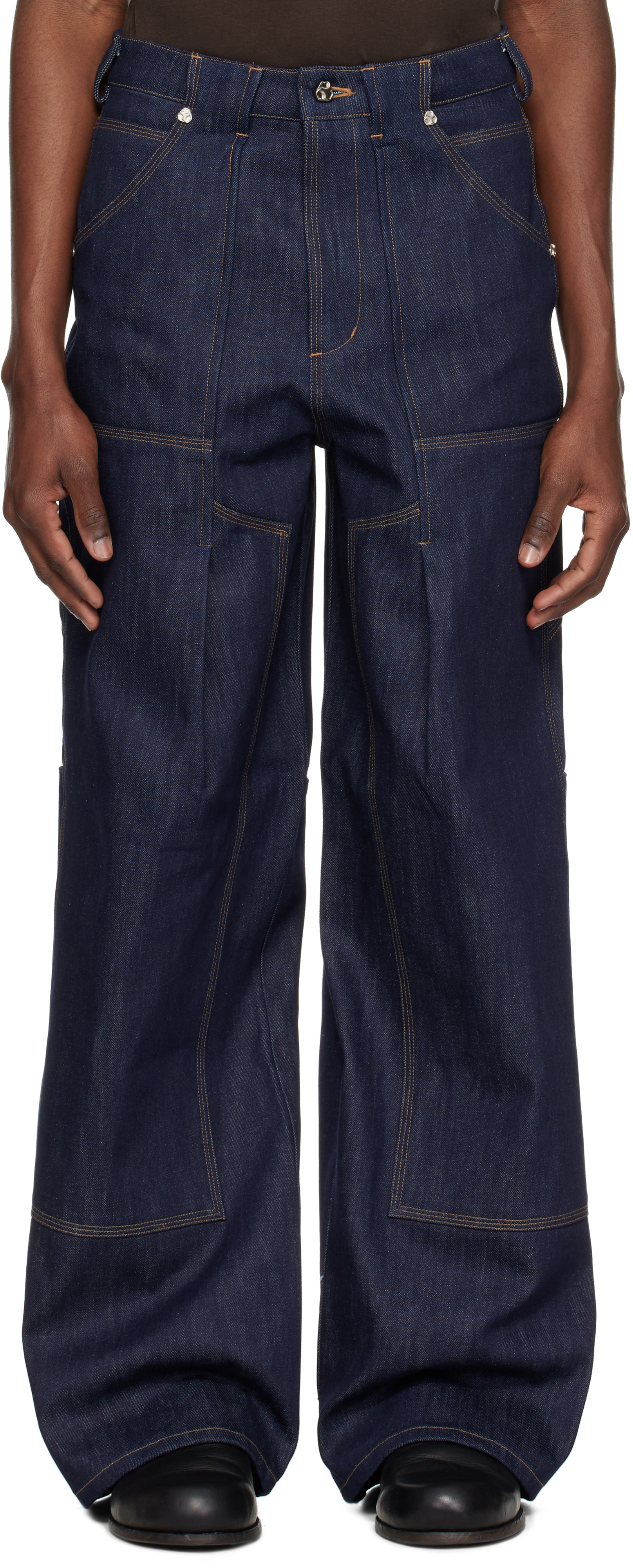 希少 cmmawear LOTUS DENIM TROUSERS Navy Lotus Jeans by CMMAWEAR on Sale