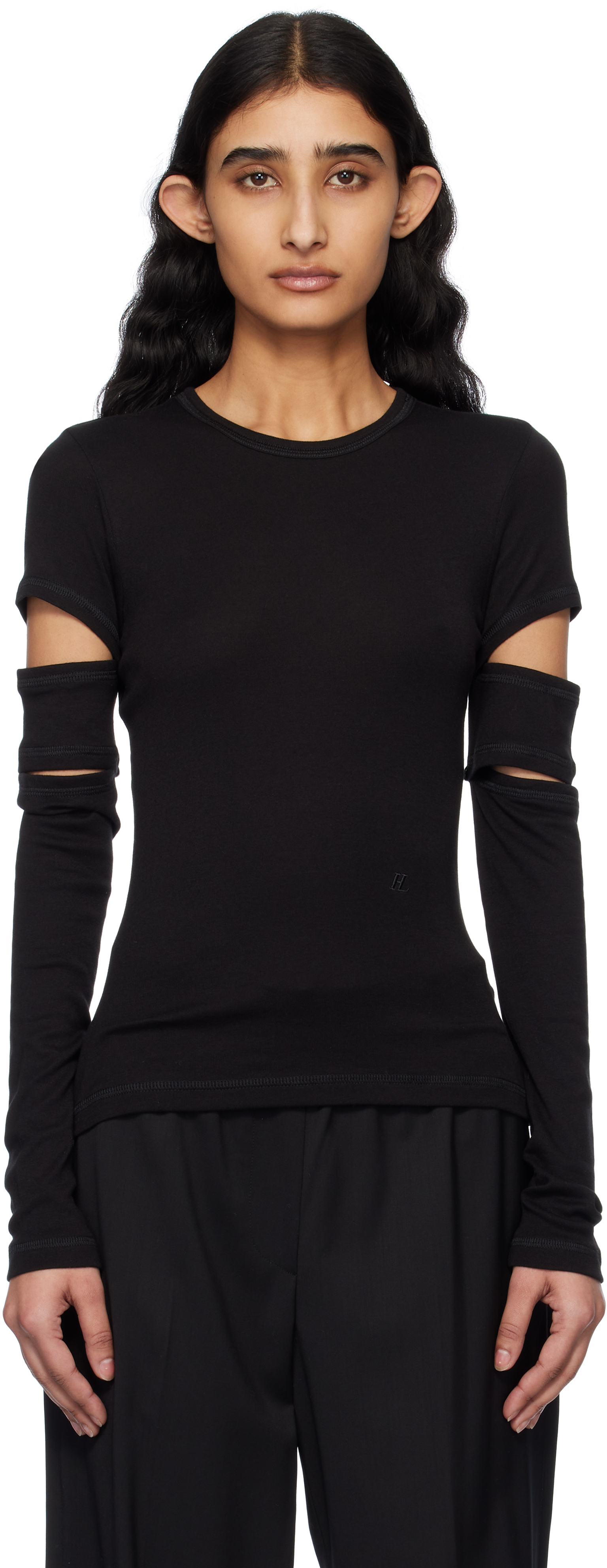 【関税込み】Helmut Lang ブラック Slashed 長袖Tシャツ Black Slashed Long-Sleeved T-shirt by Helmut Lang on Sale