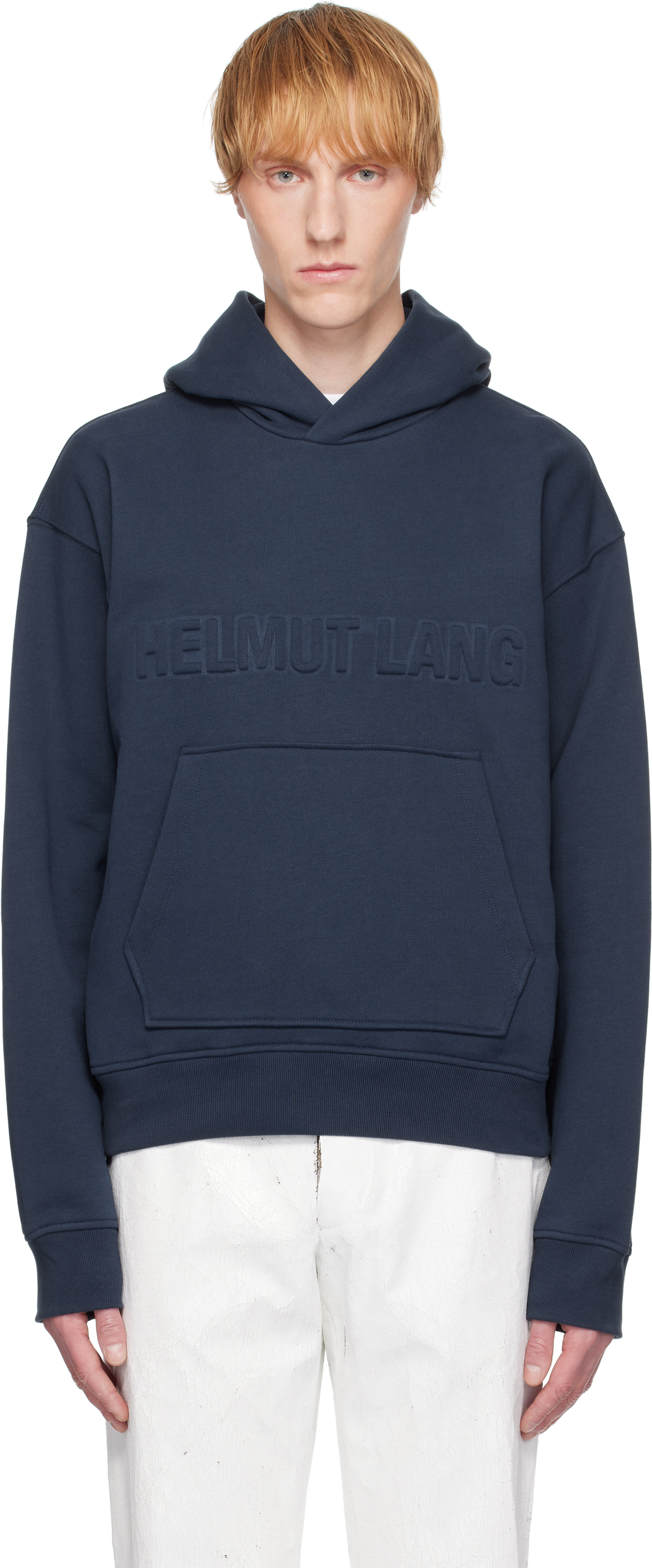Helmut Lang Navy Embossed Logo Hoodie