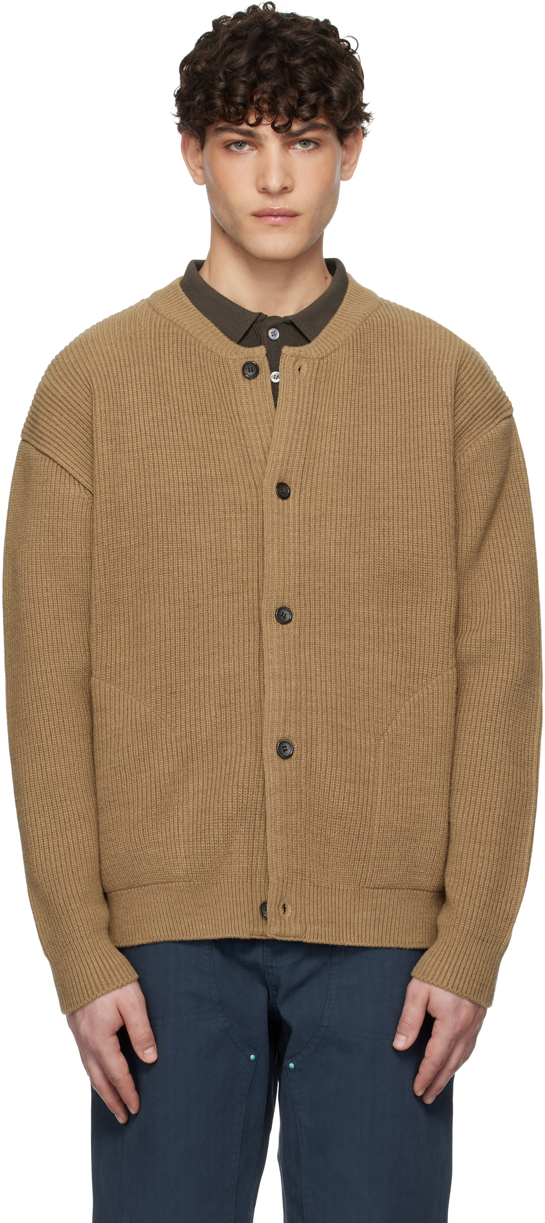 Beige Fisherman Wool Knit Cardigan