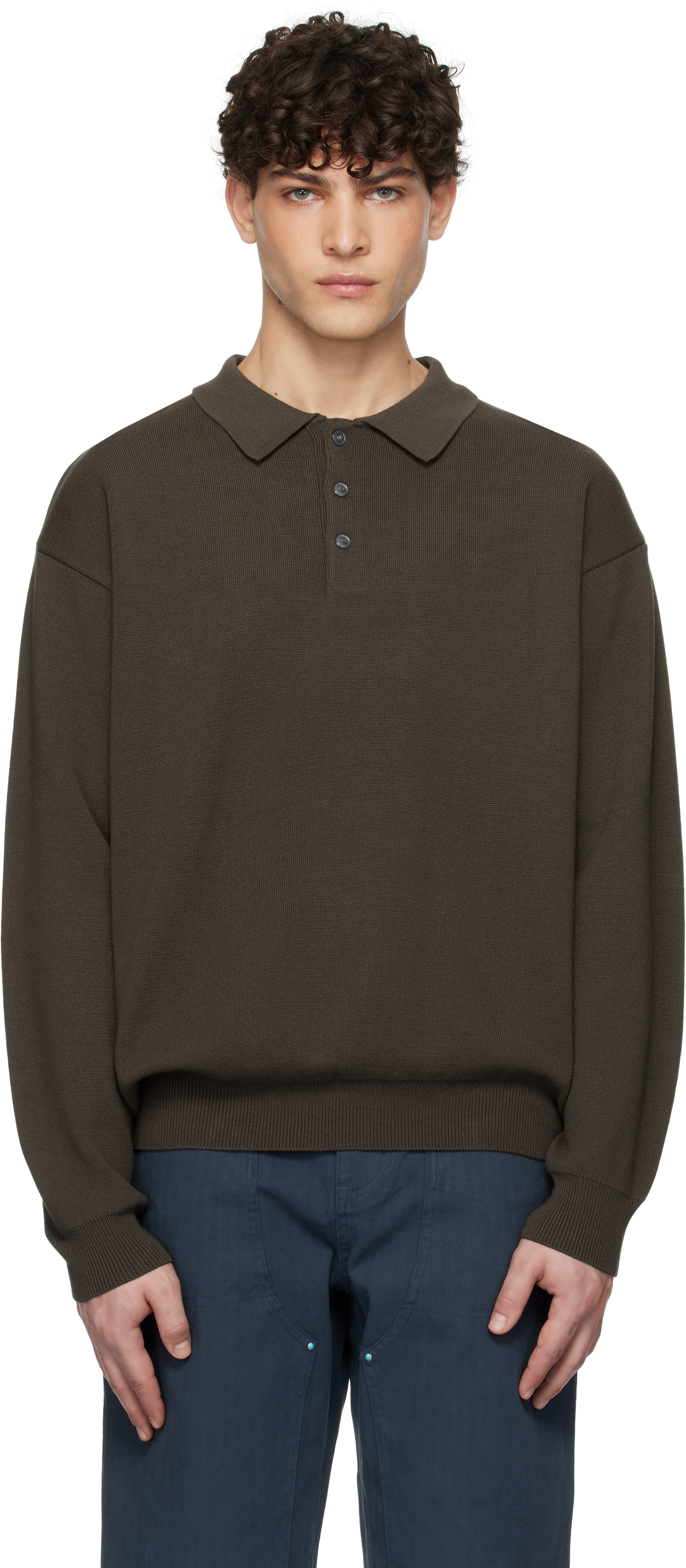 Brown Collar L/S Knit Polo