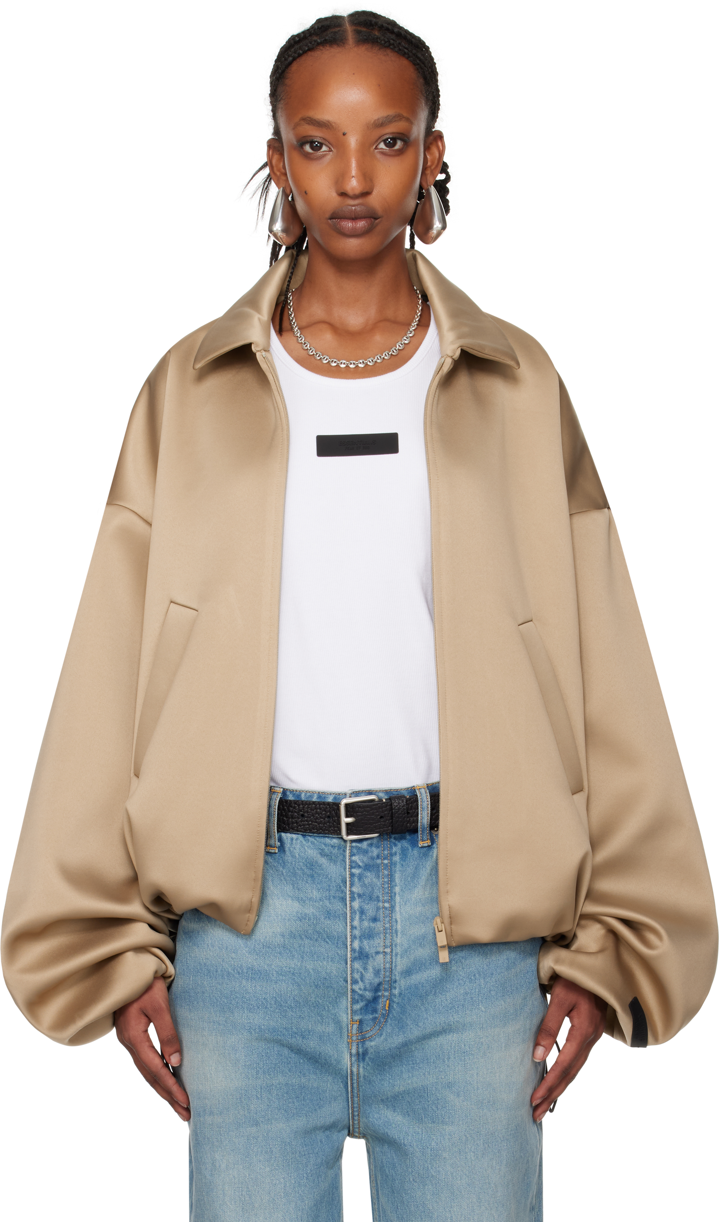 Beige Satin Bomber Jacket