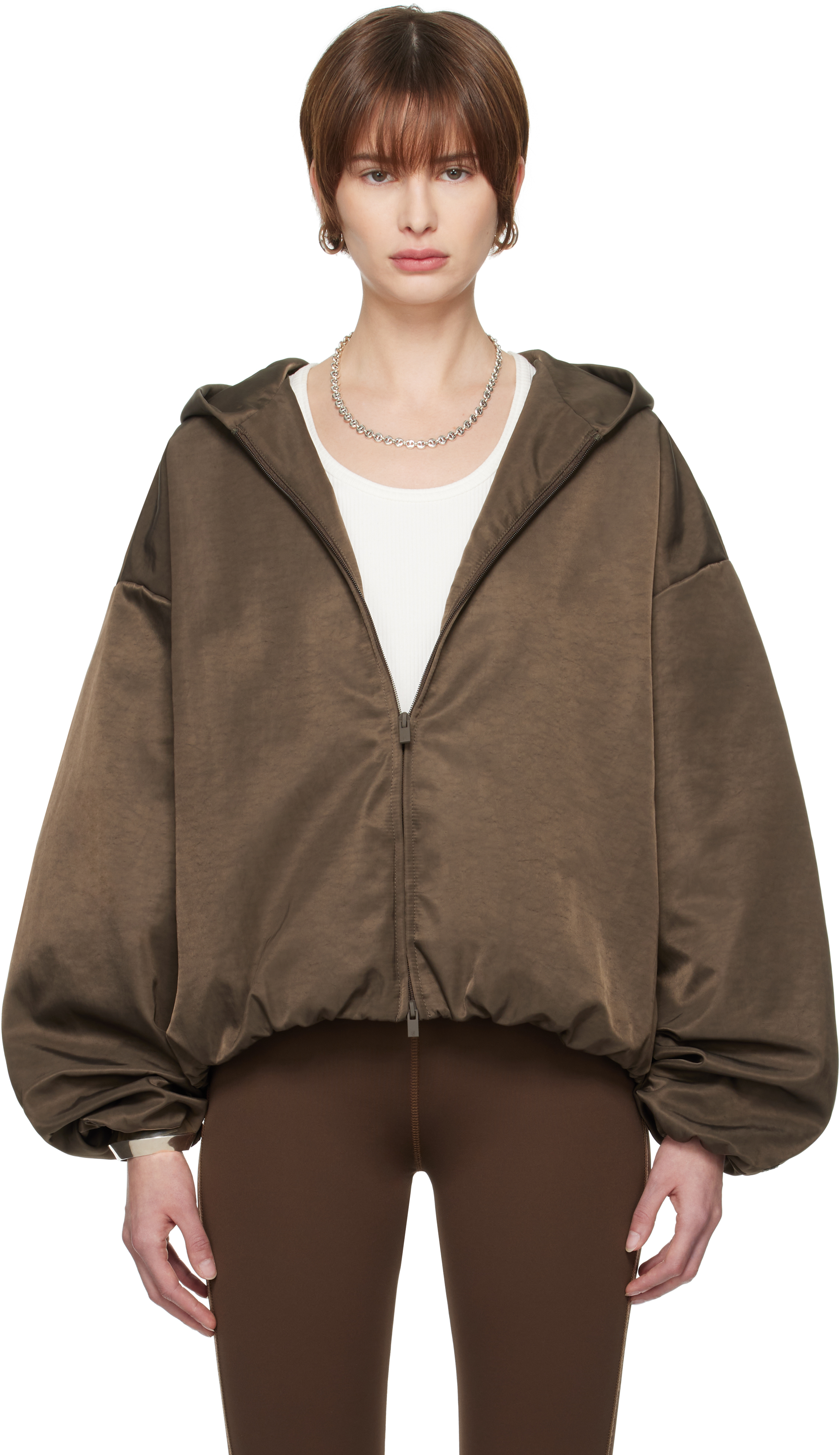 Brown Textured Nylon Hooded Bomber Jacket