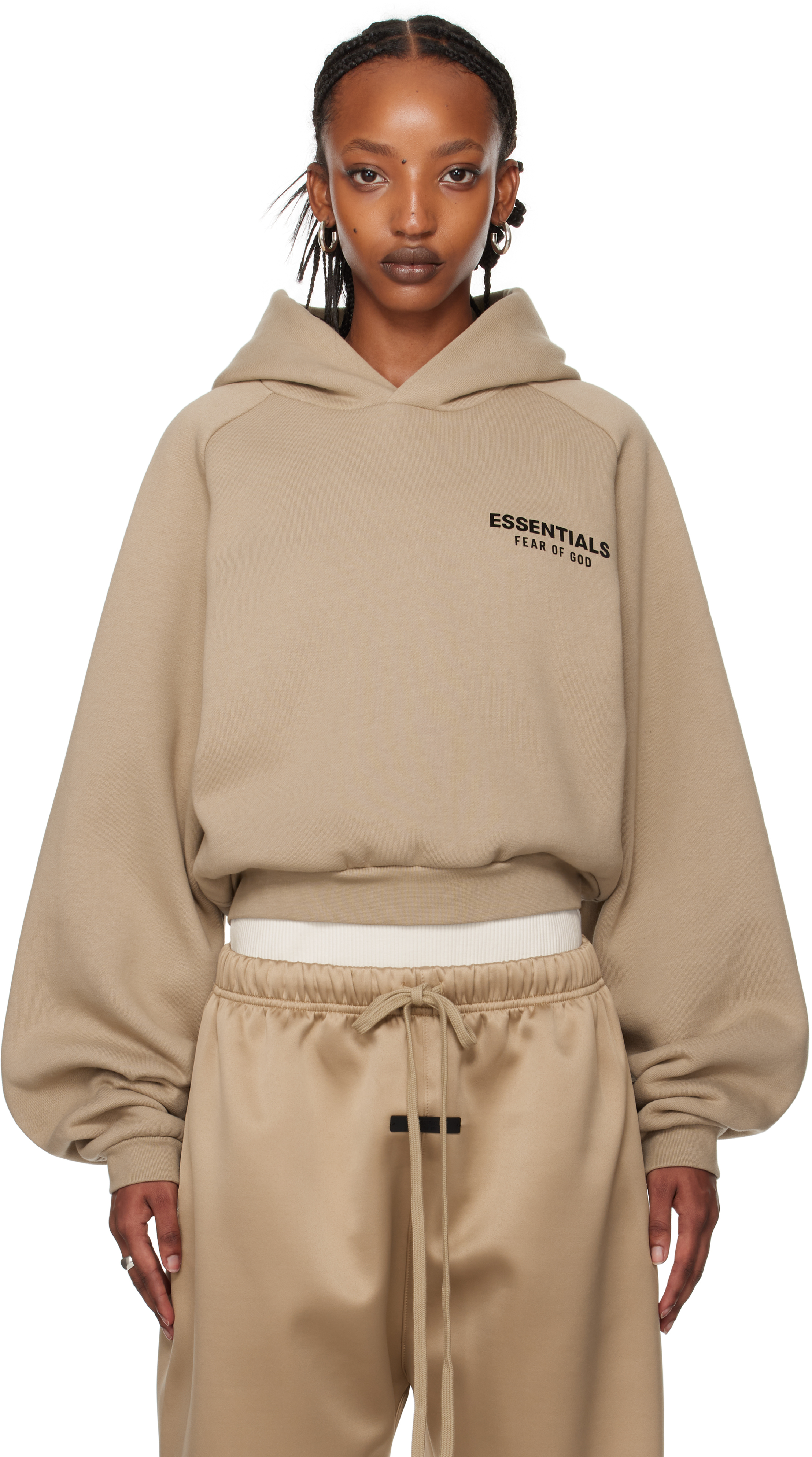 Beige Fleece Cropped Hoodie