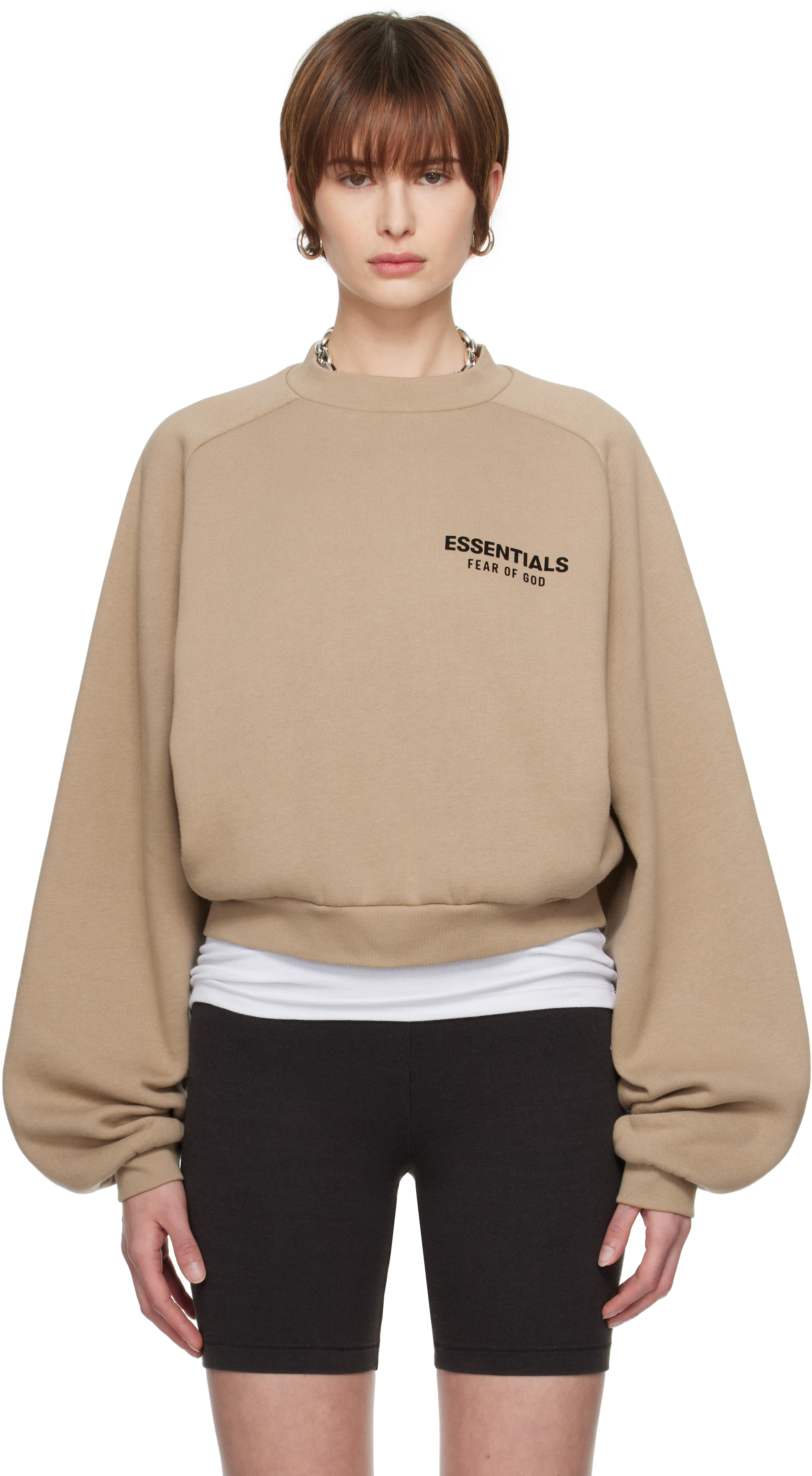 Beige Fleece Cropped Crewneck Sweatshirt