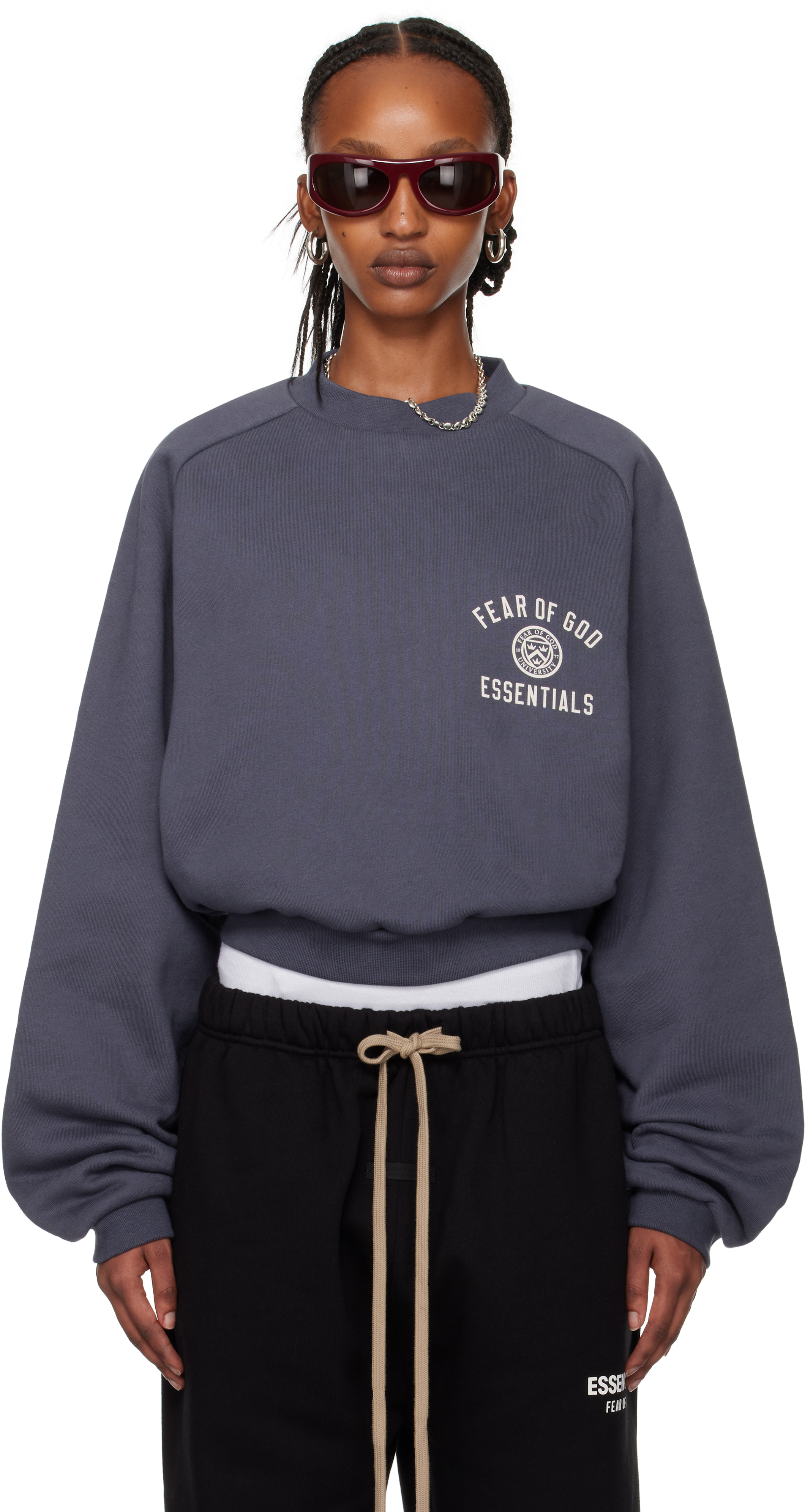 Navy Fleece Cropped Crewneck Sweatshirt