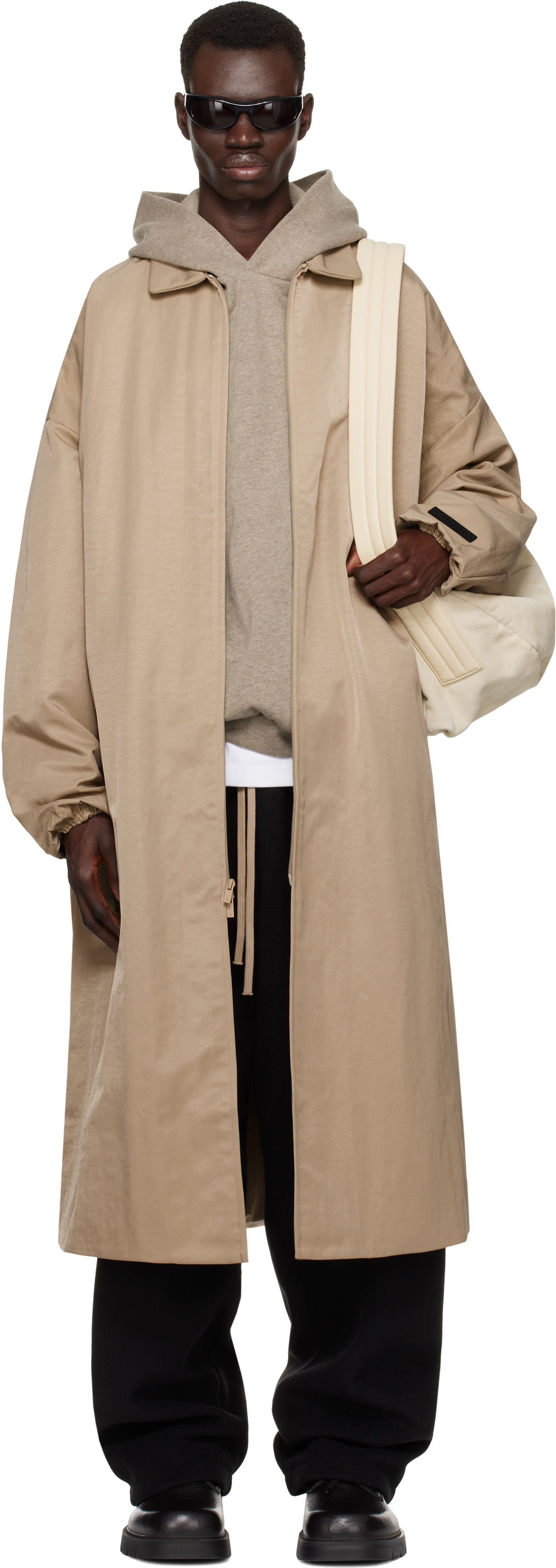 Beige Textured Nylon Trench Coat