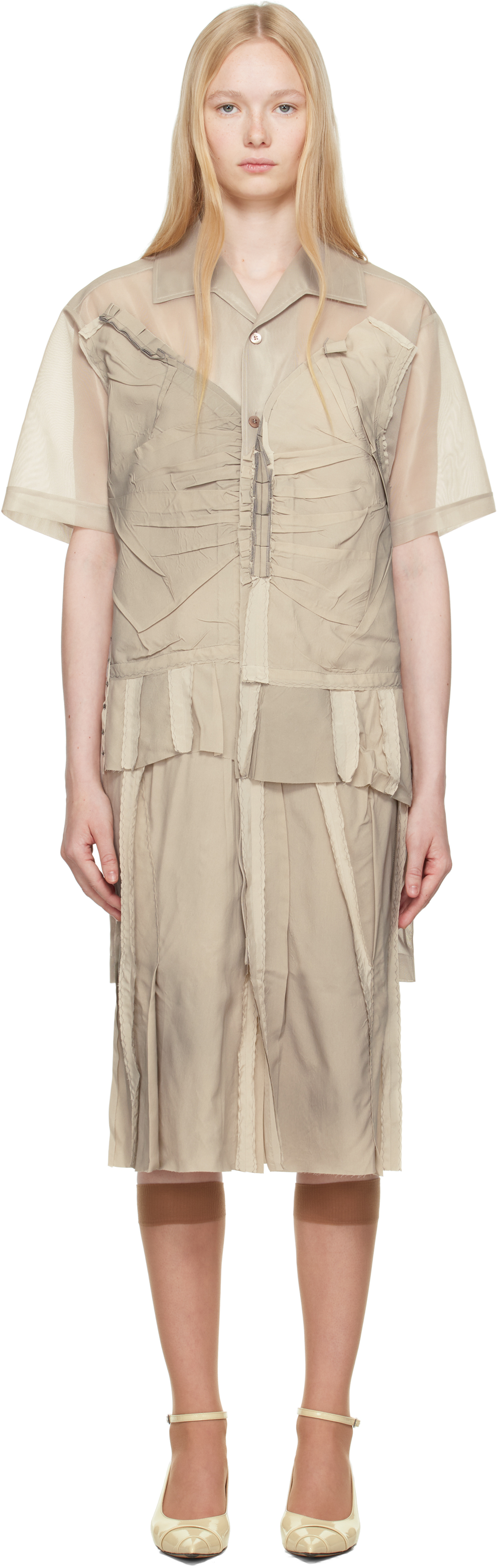 Beige Paneled Midi Dress