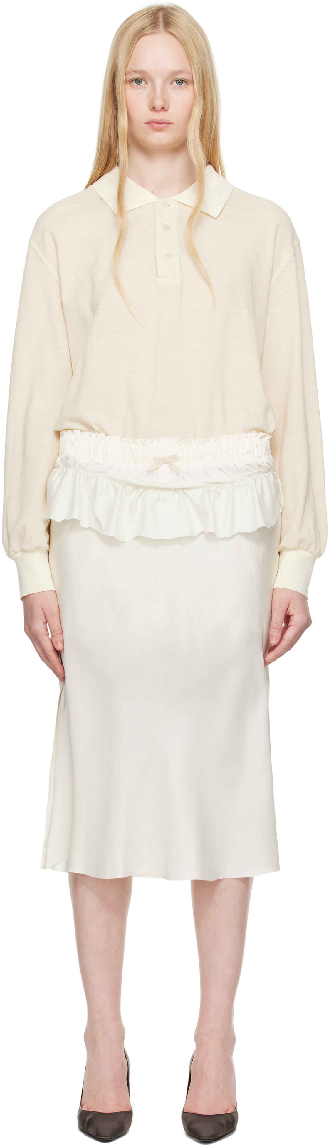 Maison Margiela White Midi Dress With Polo Collar And Gathered Waist