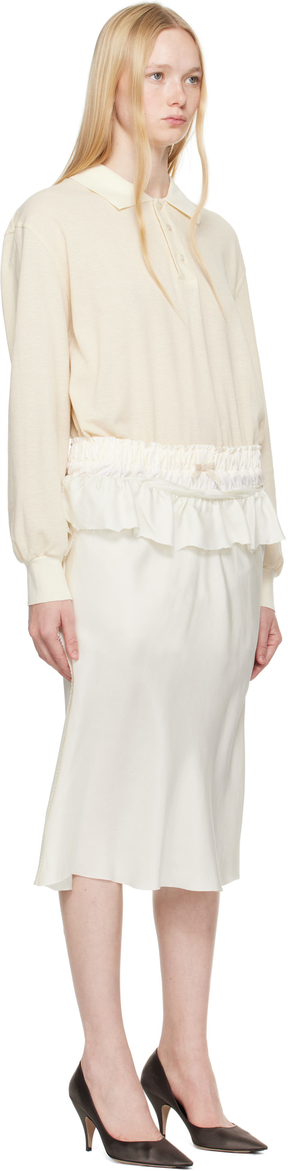 Maison Margiela White Midi Dress With Polo Collar And Gathered Waist
