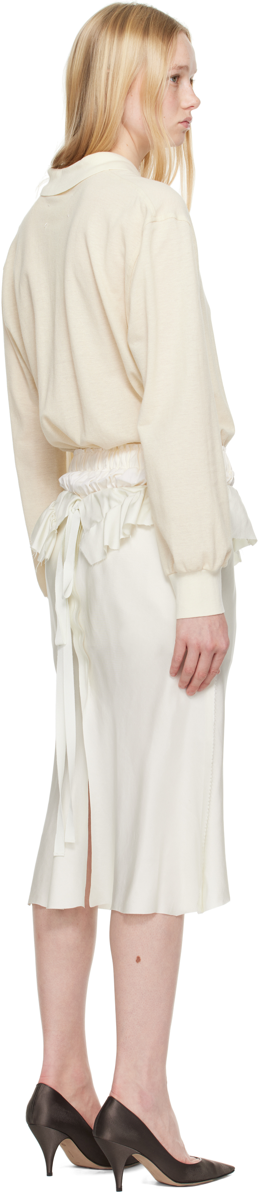 Maison Margiela White Midi Dress With Polo Collar And Gathered Waist