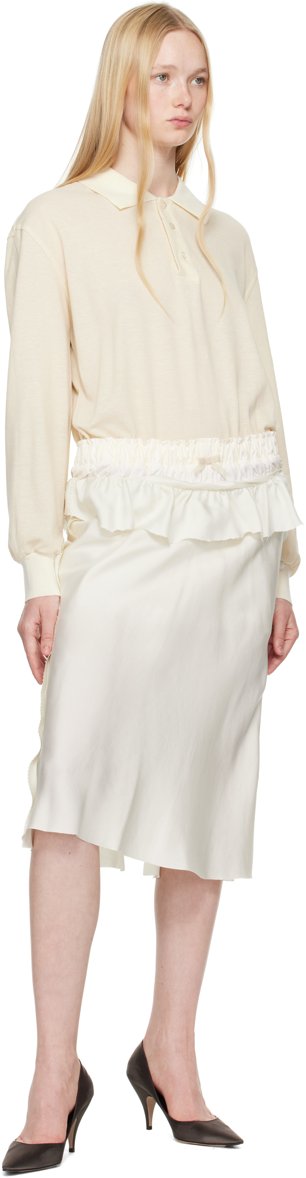 Maison Margiela White Midi Dress With Polo Collar And Gathered Waist