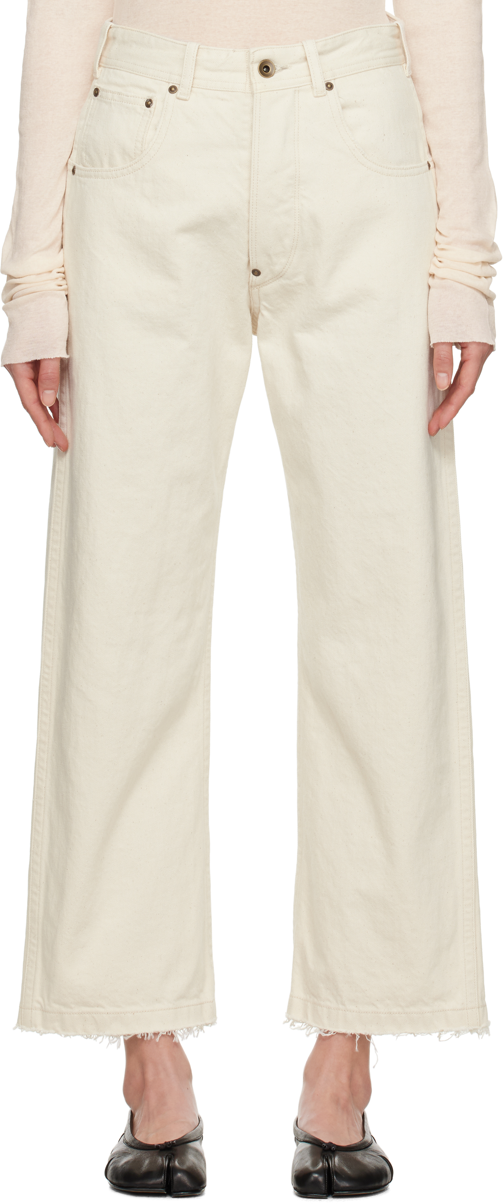 【関税込み】Maison Margiela オフホワイト フレイド ジーンズ Off-White Frayed Jeans by Maison Margiela on Sale