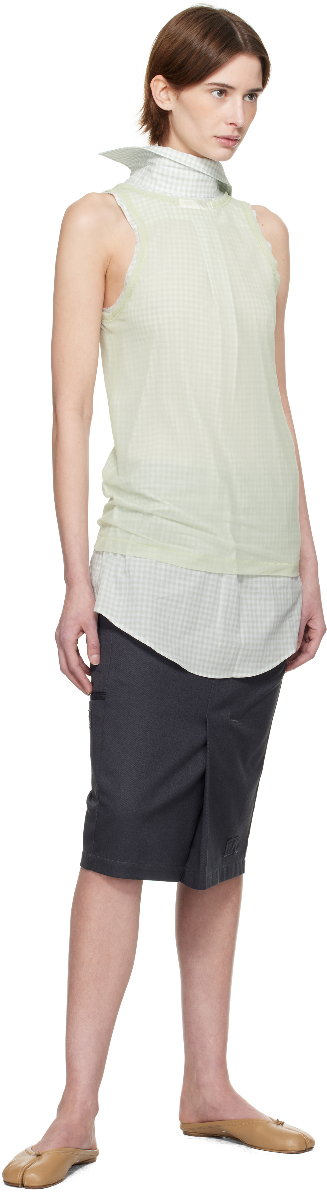 Maison Margiela Green & White Back To Front Check Blouse In 688 Pale Green And L