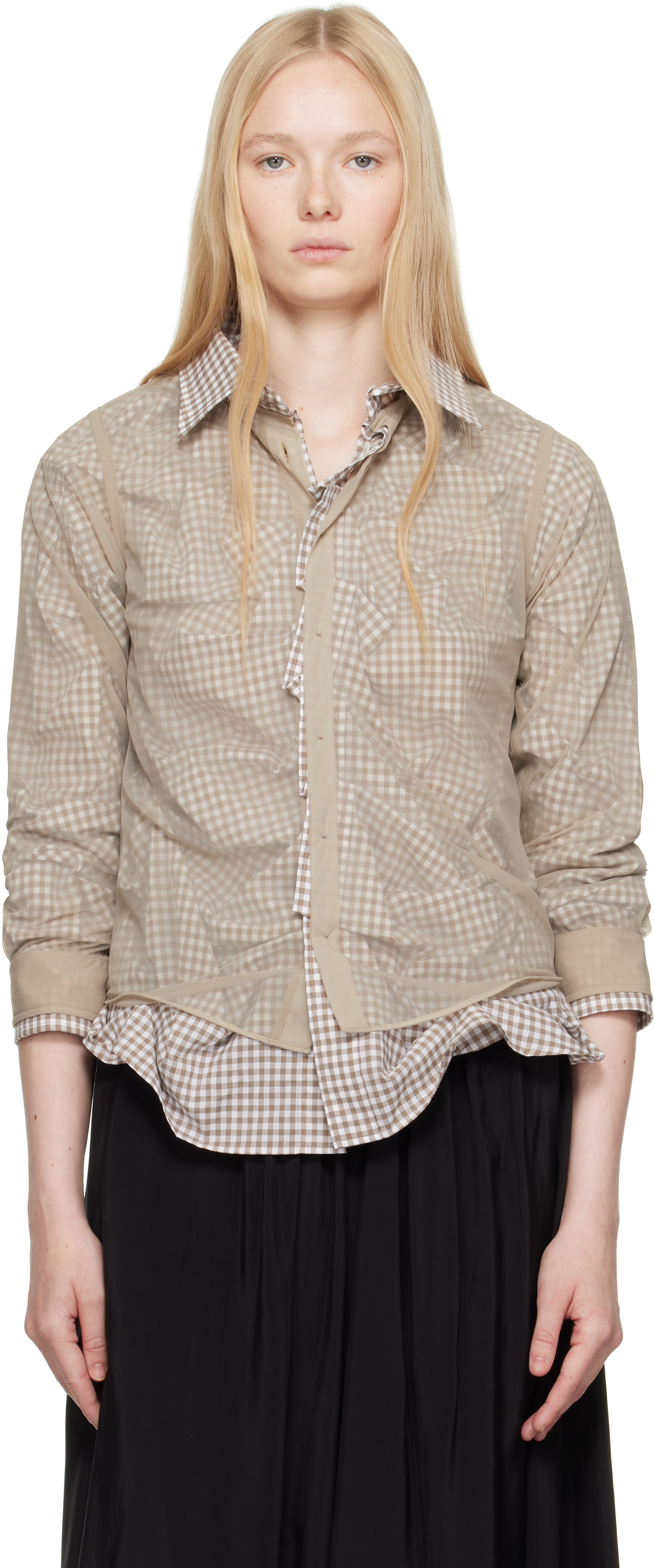 Maison Margiela Layered Checked Cotton-poplin And Organza Shirt In 114 Camel And Tan/wh