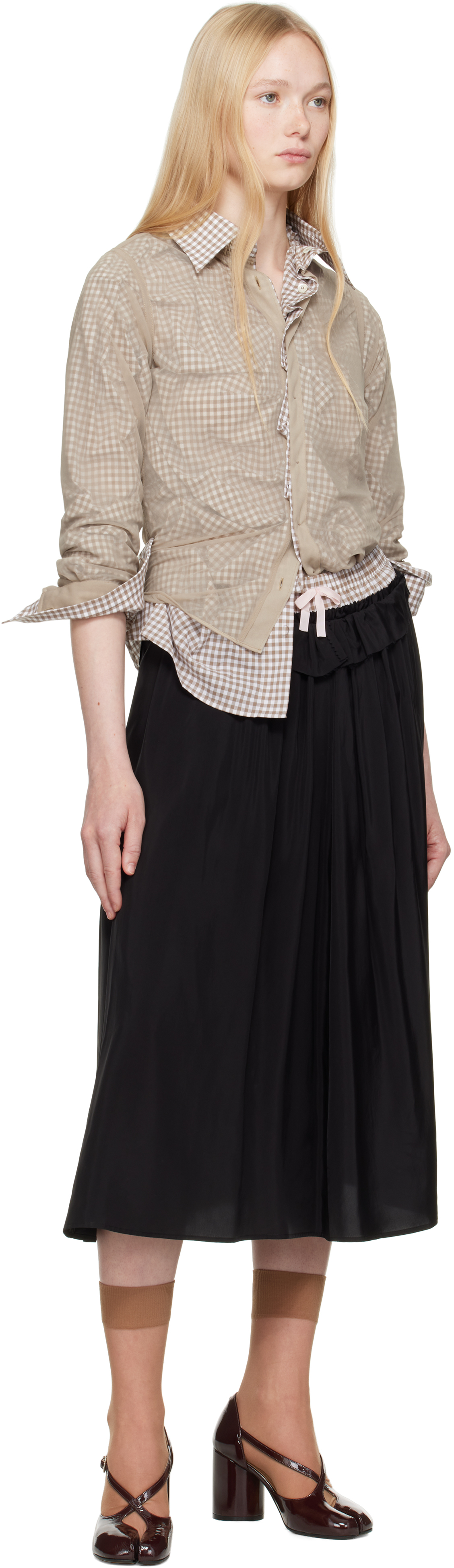 Maison Margiela Layered Checked Cotton-poplin And Organza Shirt In 114 Camel And Tan/wh
