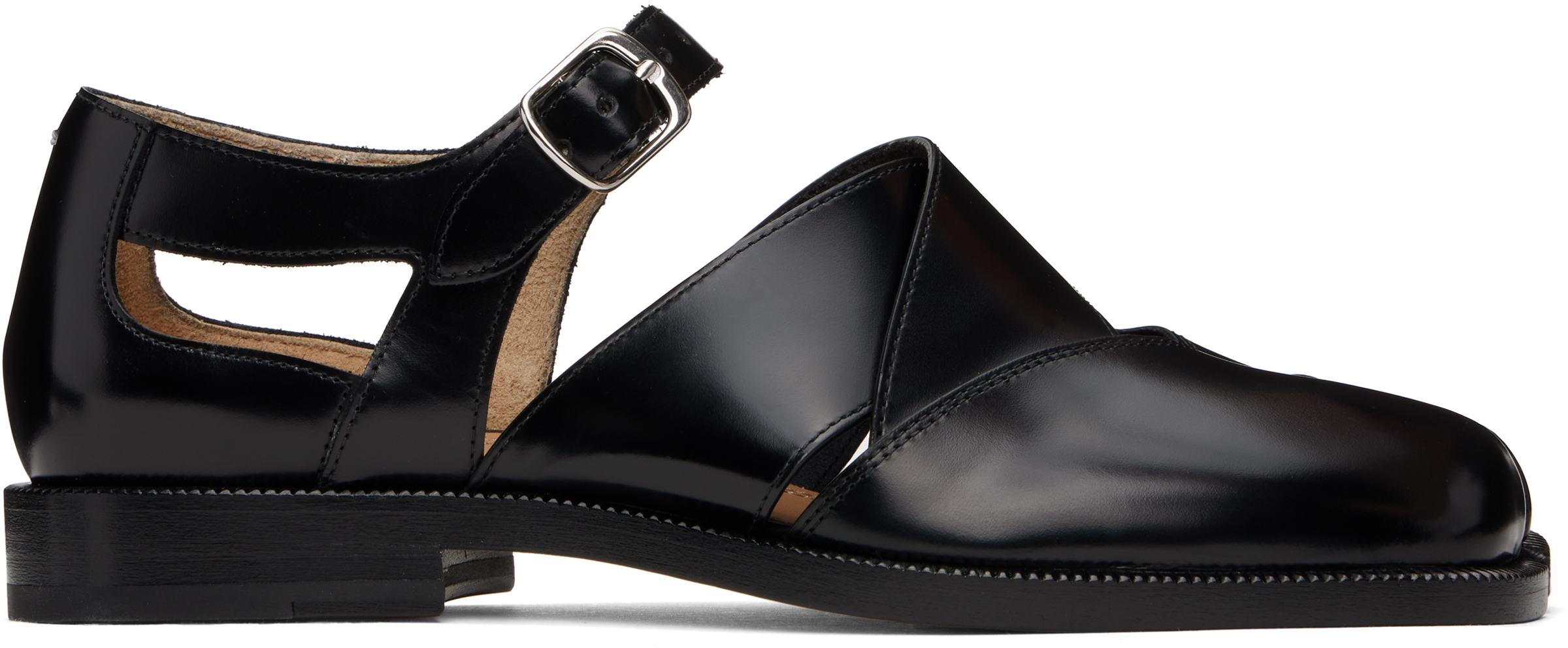 Maison Margiela: ブラック Tabi レザー フラットシューズ | SSENSE 日本