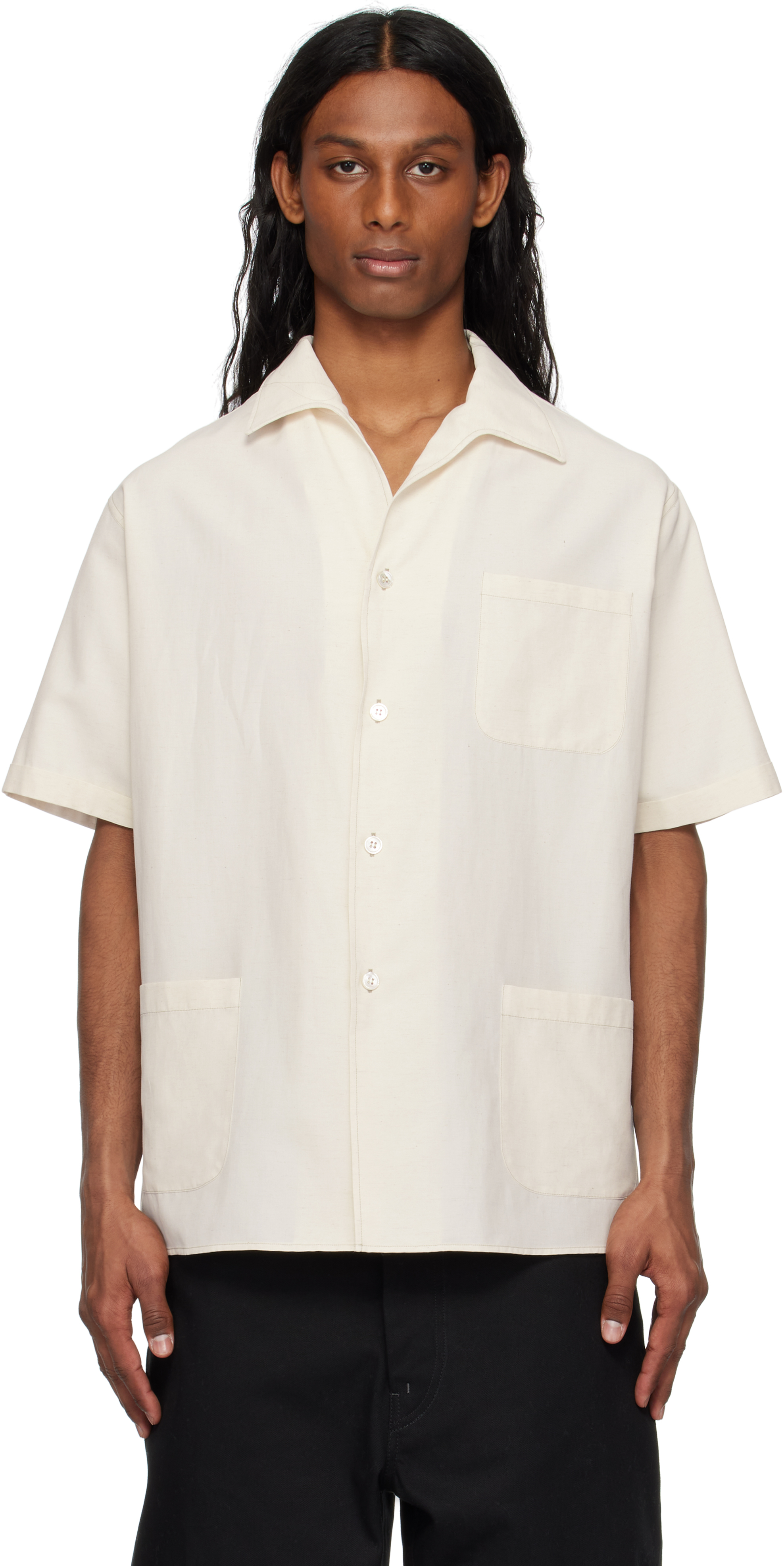 Maison Margiela: オフホワイト オープンカラー シャツ | SSENSE Maison Margiela: オフホワイト オープンカラー シャツ | SSENSE