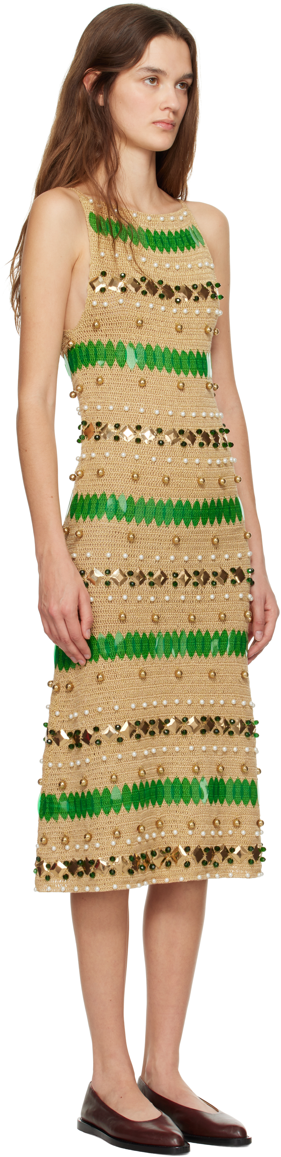 Bode Gold Calypso Midi Dress In Gold Gold