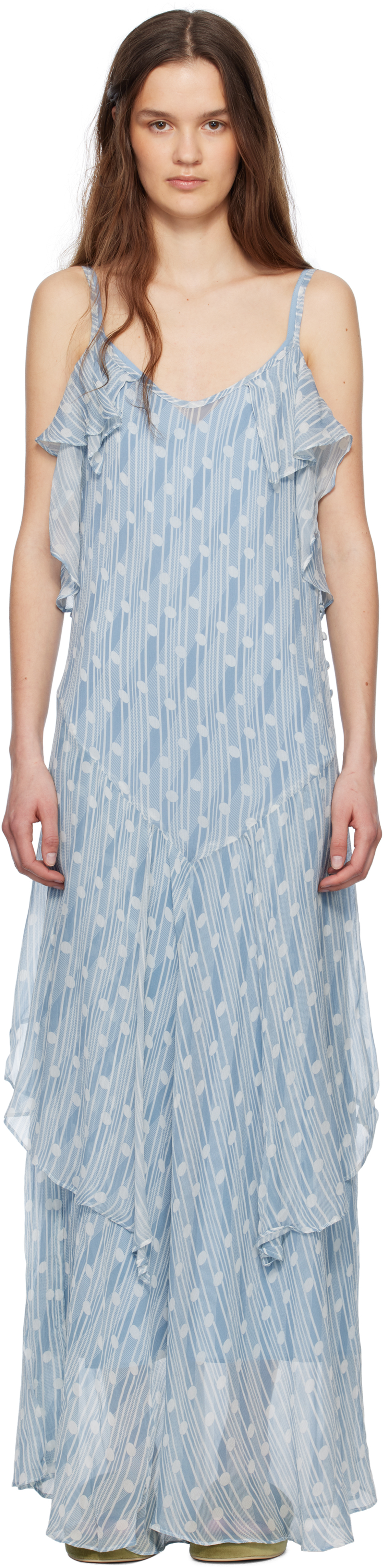 Shop Bode Blue Meridian Maxi Dress In Blue Cream Blcrm
