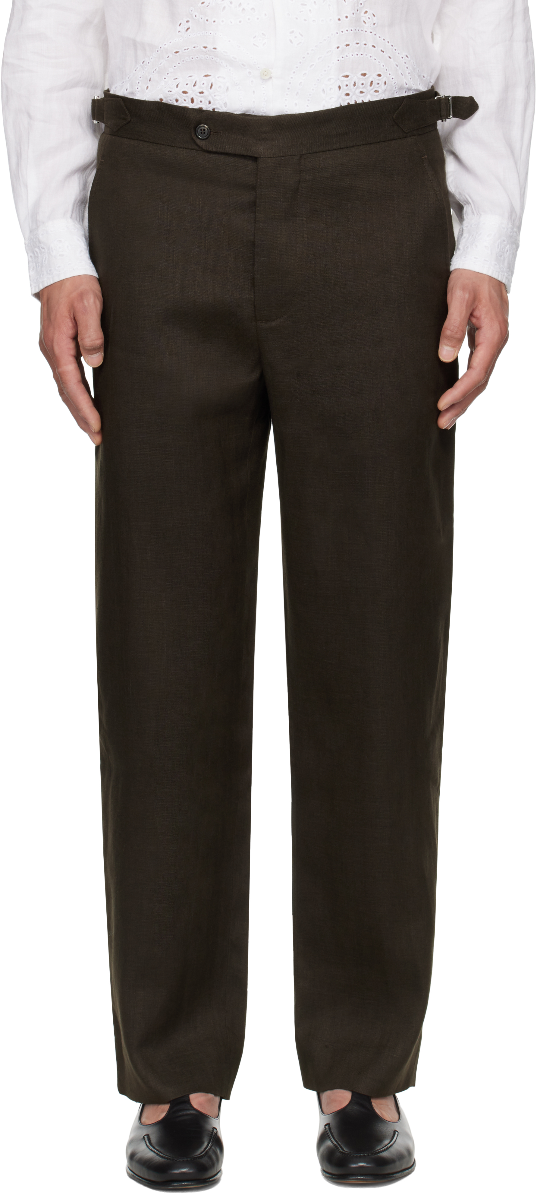 Bode Nrown Lightweight Linen Side-buckle Trousers In Brown Black