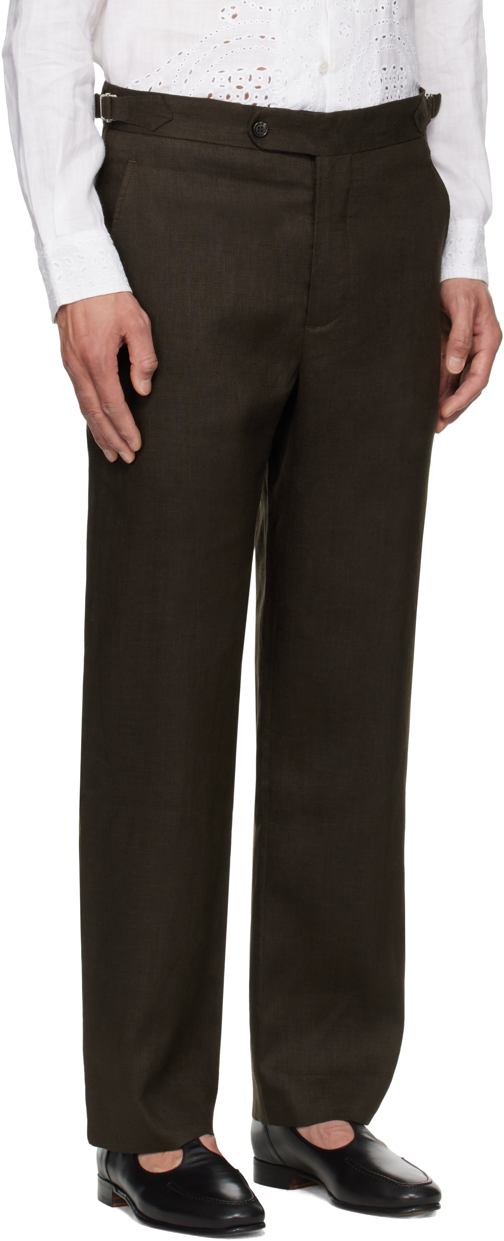 Bode Nrown Lightweight Linen Side-buckle Trousers In Brown Black