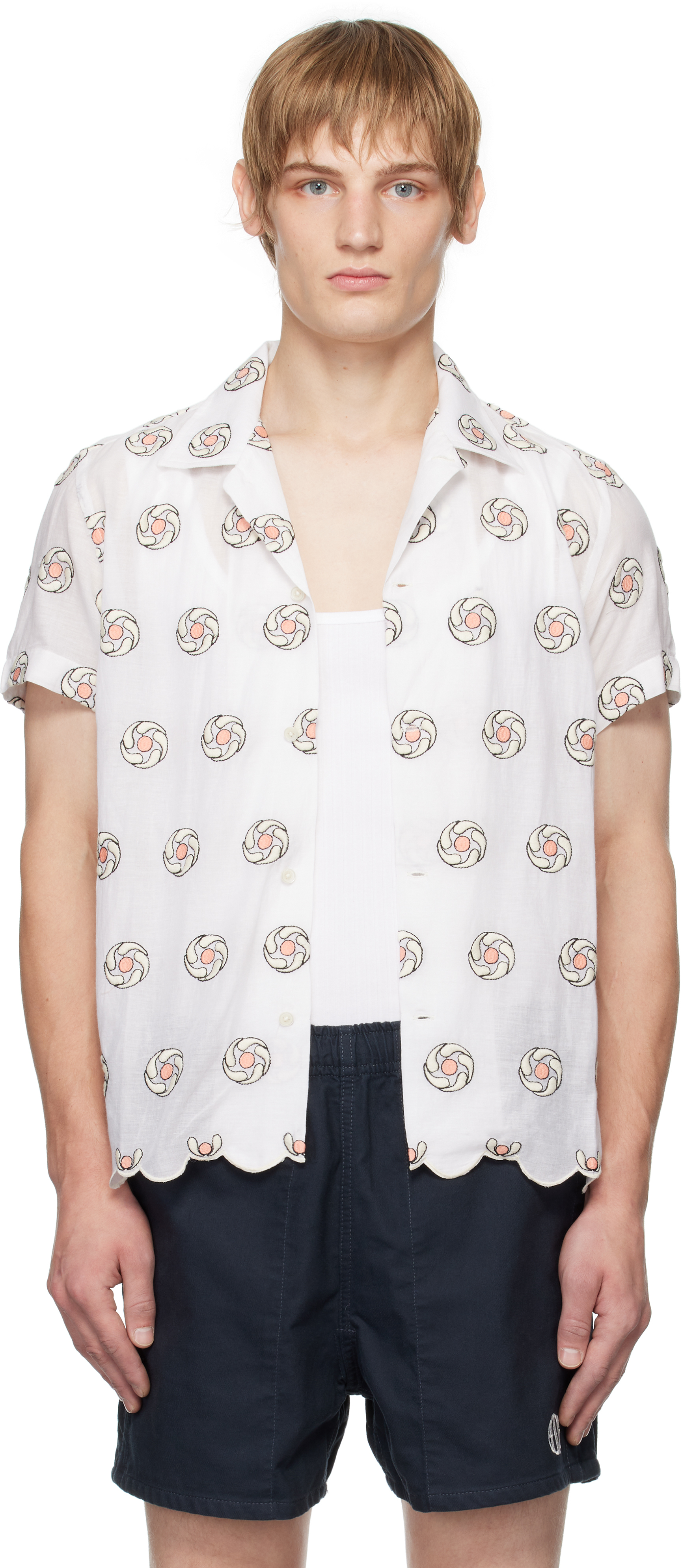 BODE WHITE FLORAL APERTURE SHORT SLEEVE SHIRT 