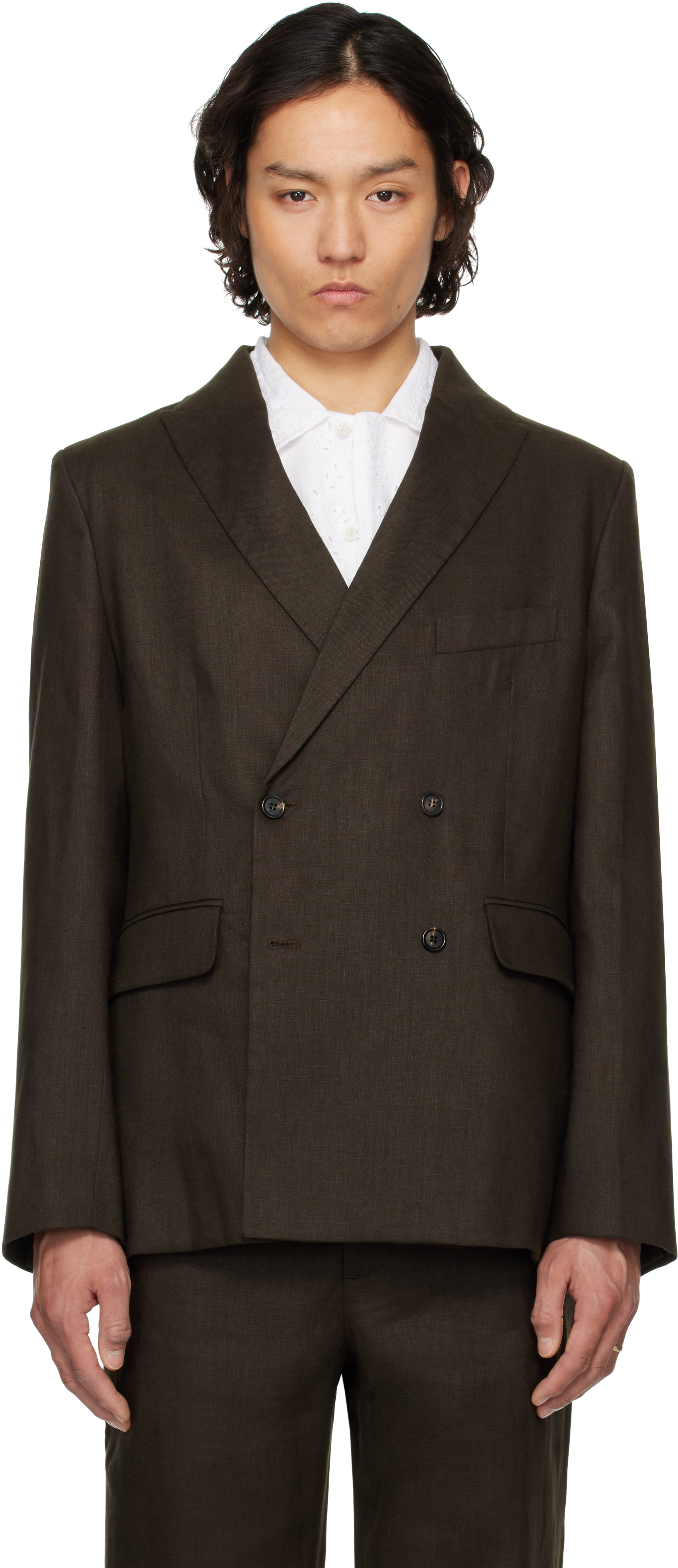 Brown Linen Double-Breasted Blazer