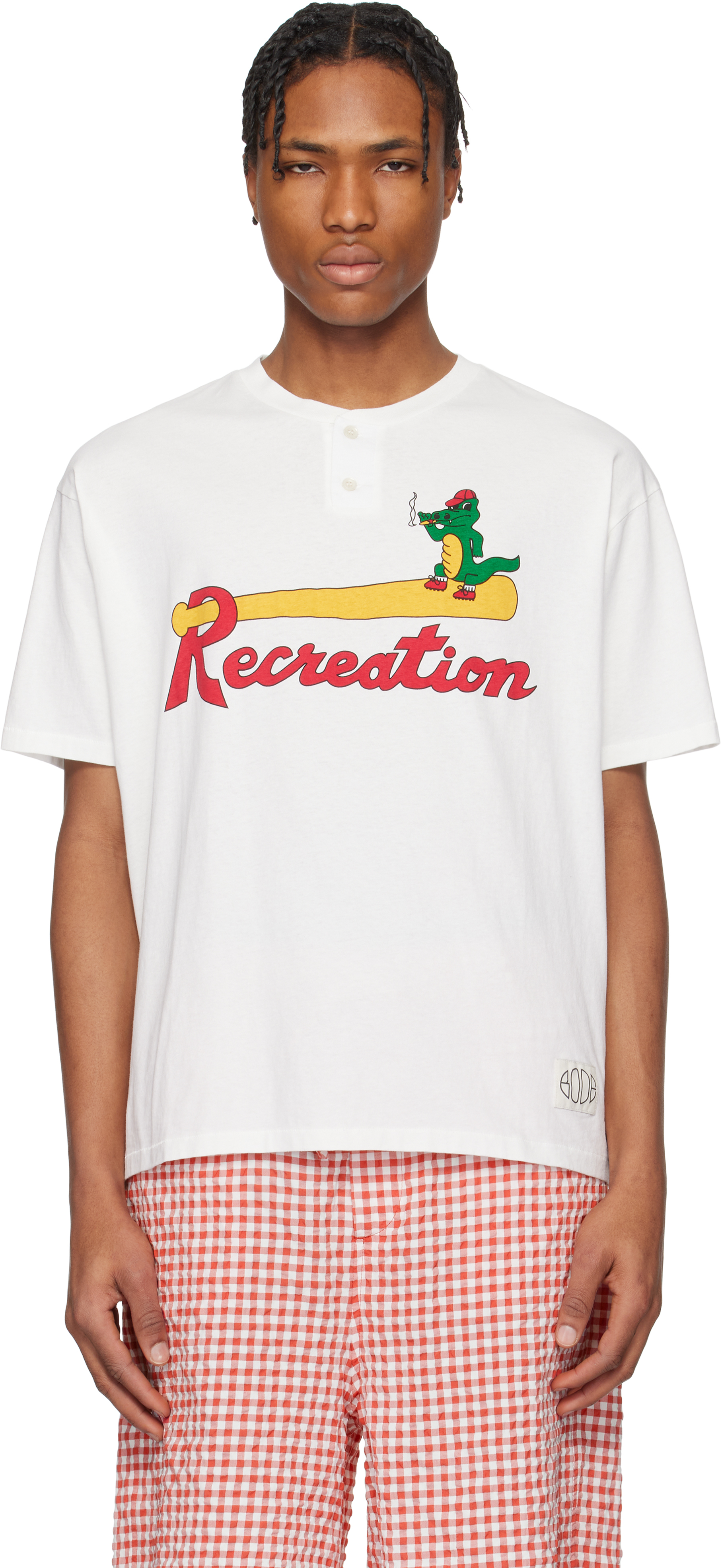 【関税込み】Bode ホワイト Reptile Rec ヘンリーネック Tシャツ Bode: ホワイト Reptile Rec ヘンリーネック Tシャツ | SSENSE 日本