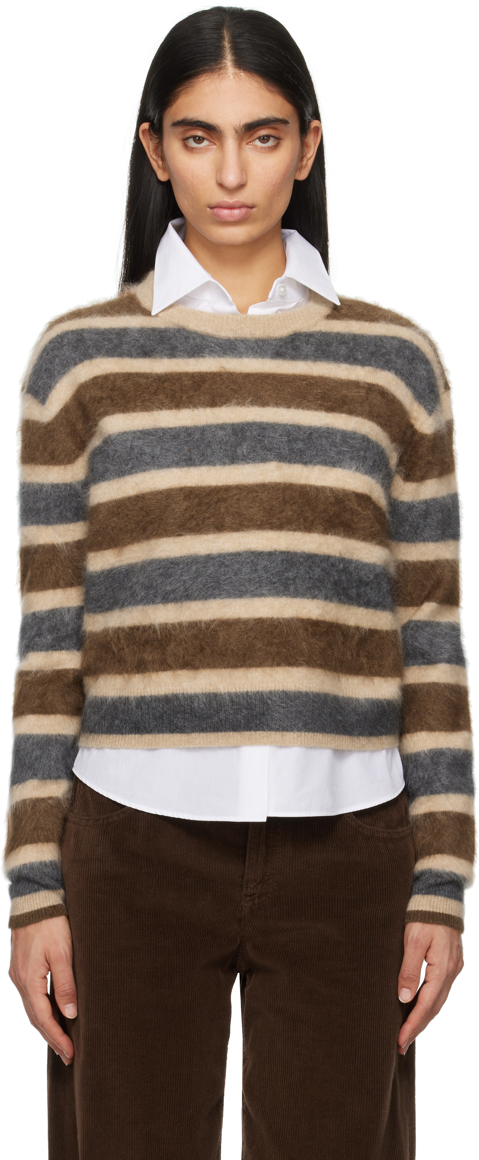 Red 
Beige Grizzly Stripe Crew Sweater