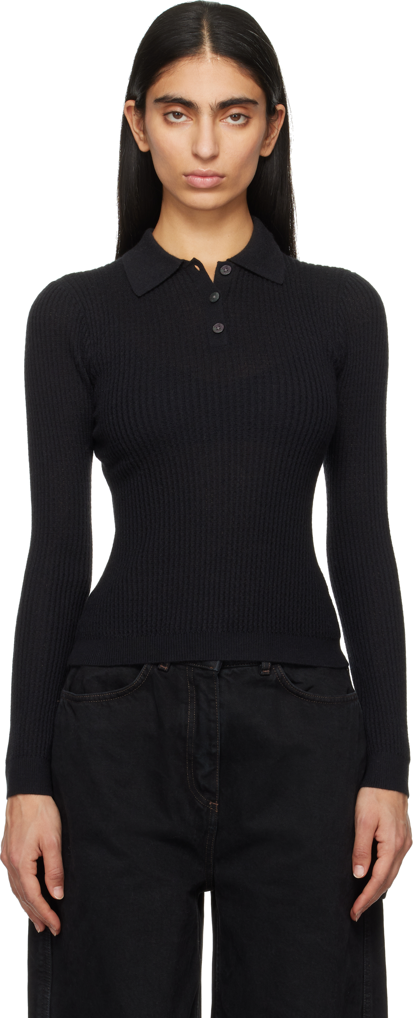 Black Long Sleeve Shrunken Polo