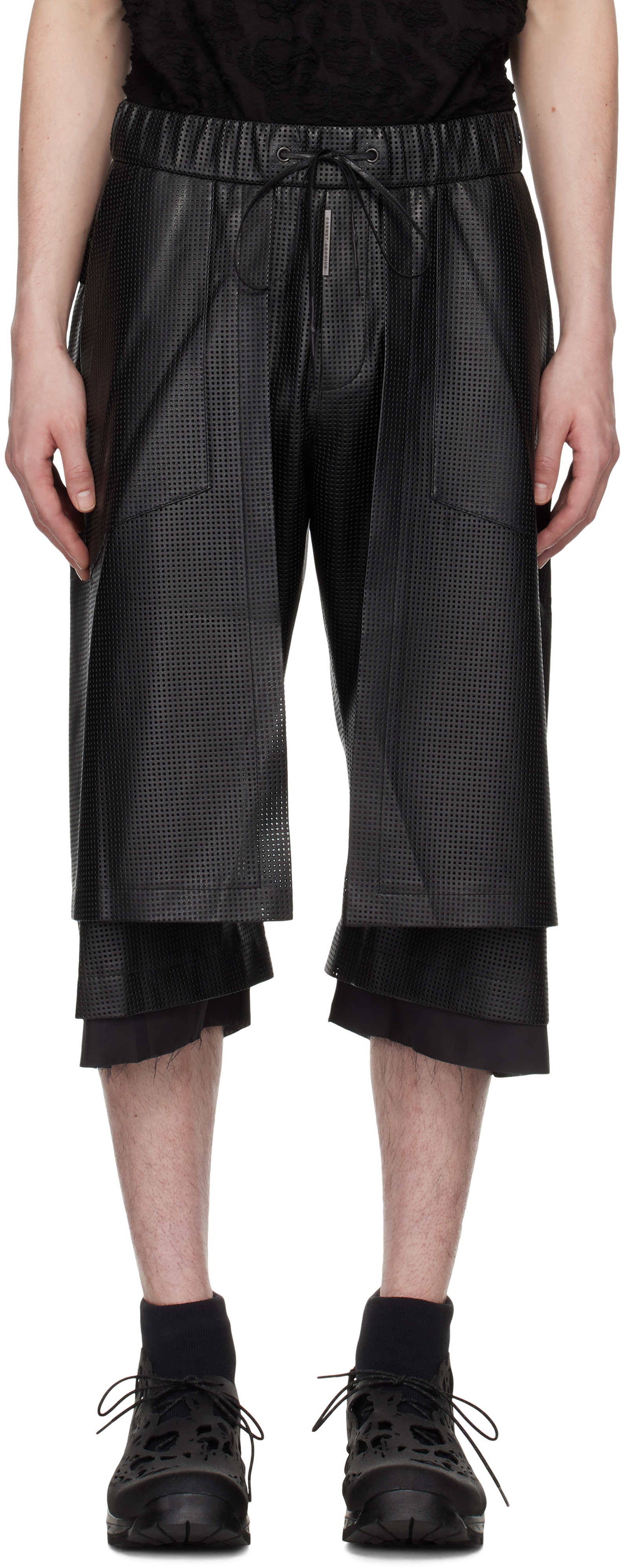 Black Perforated Faux-Leather Shorts