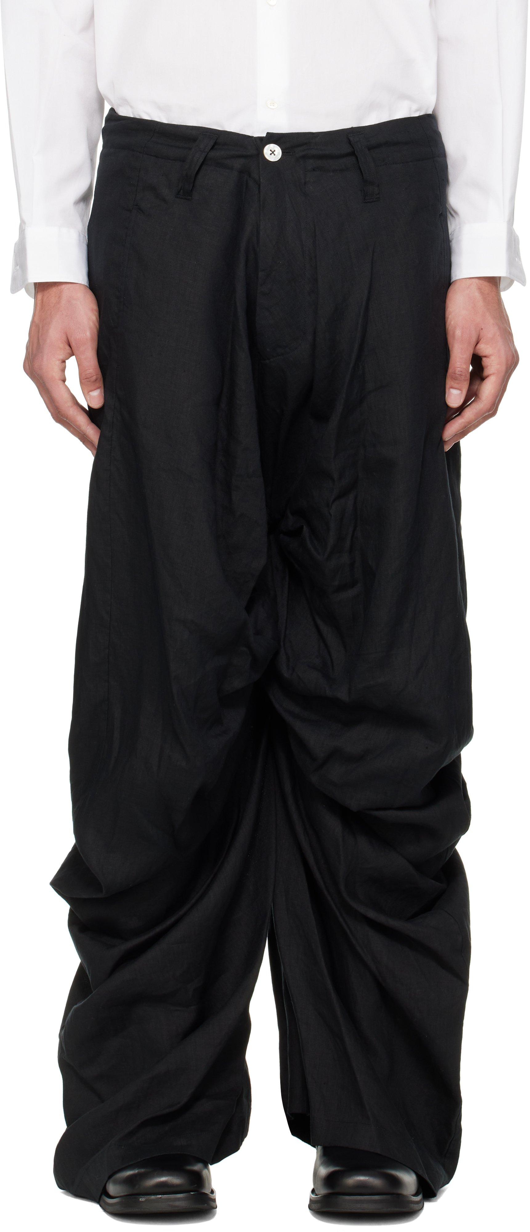 Black Draped Linen Trousers