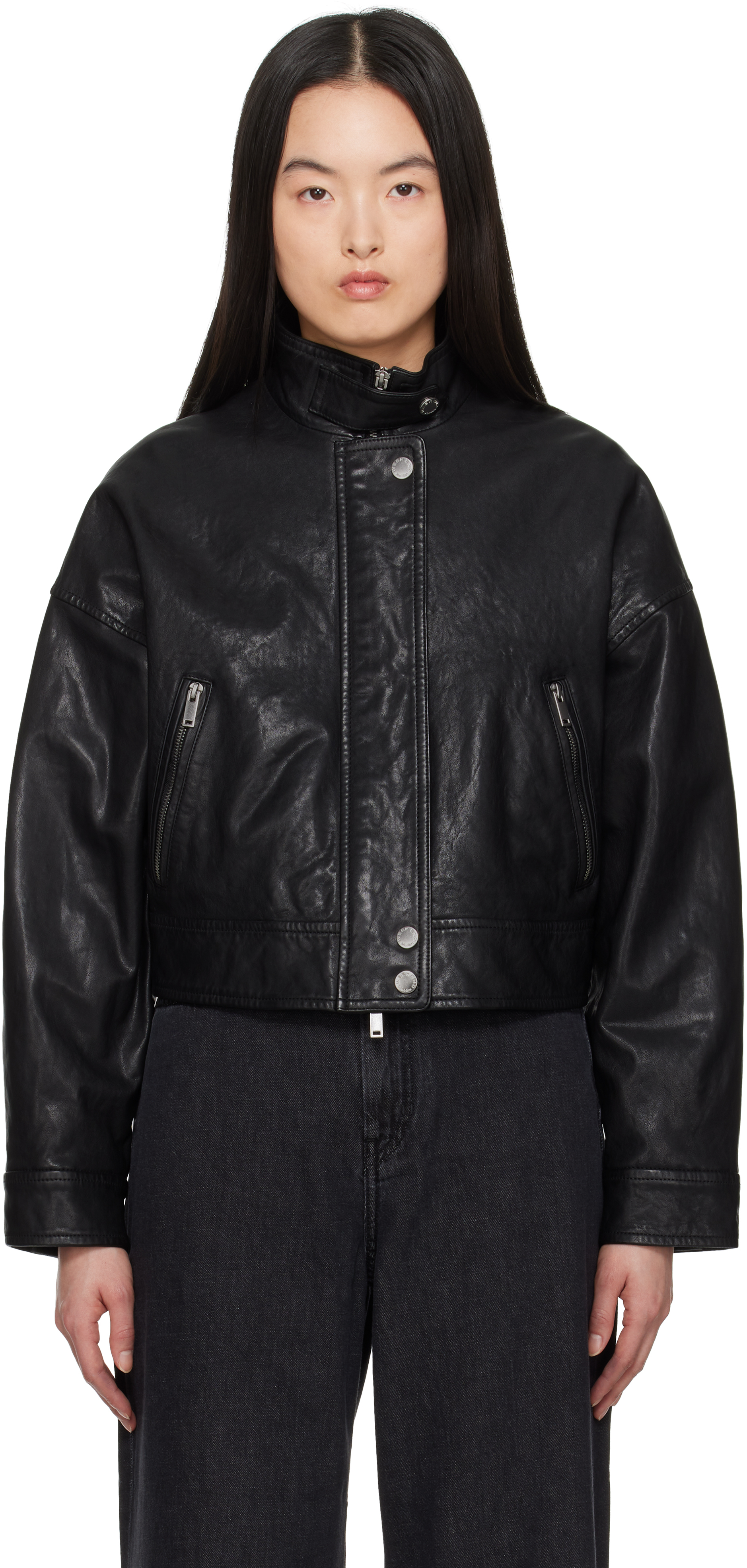 Black Angel Leather Bomber Jacket by Weekend Max Mara on Sale