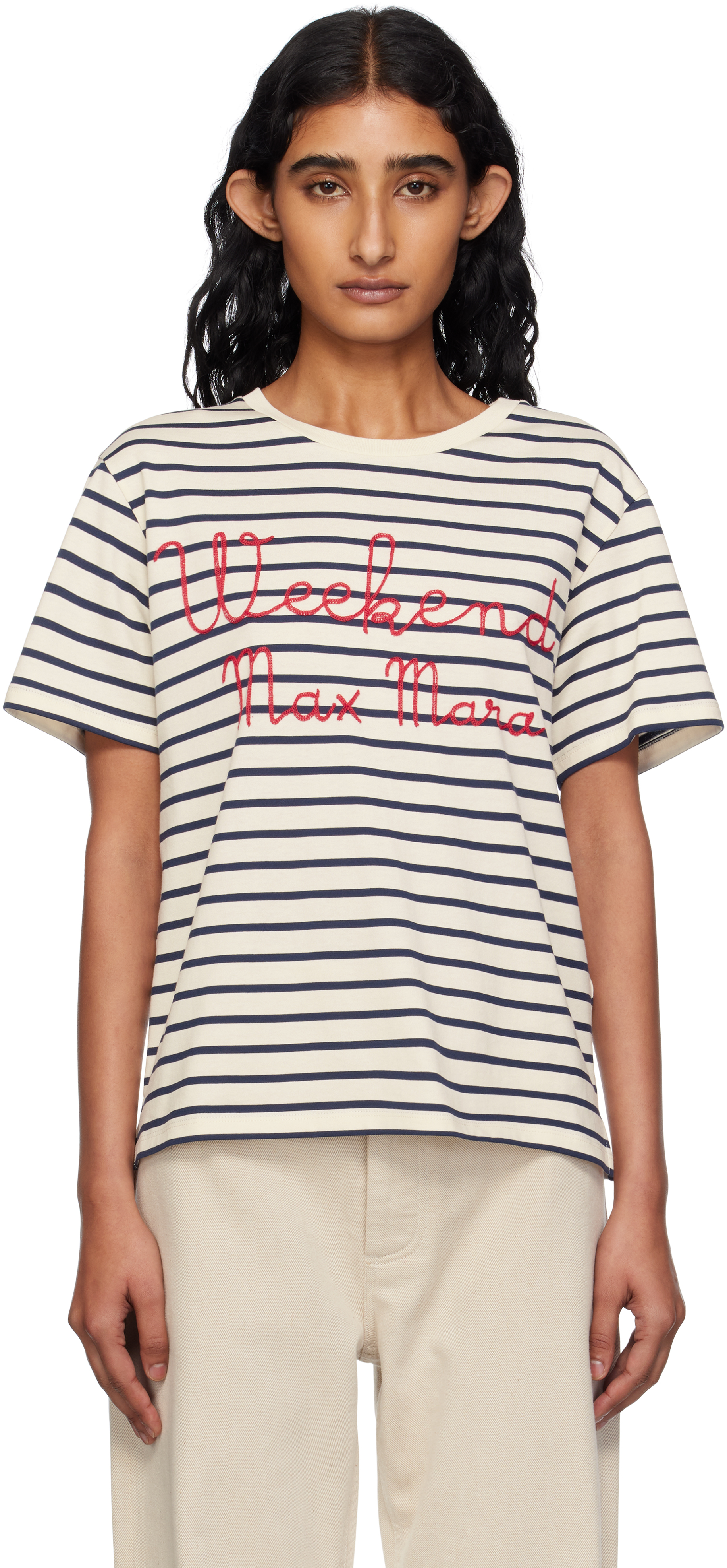 Weekend Max Mara Navy & Off-white Olga T-shirt In Blue