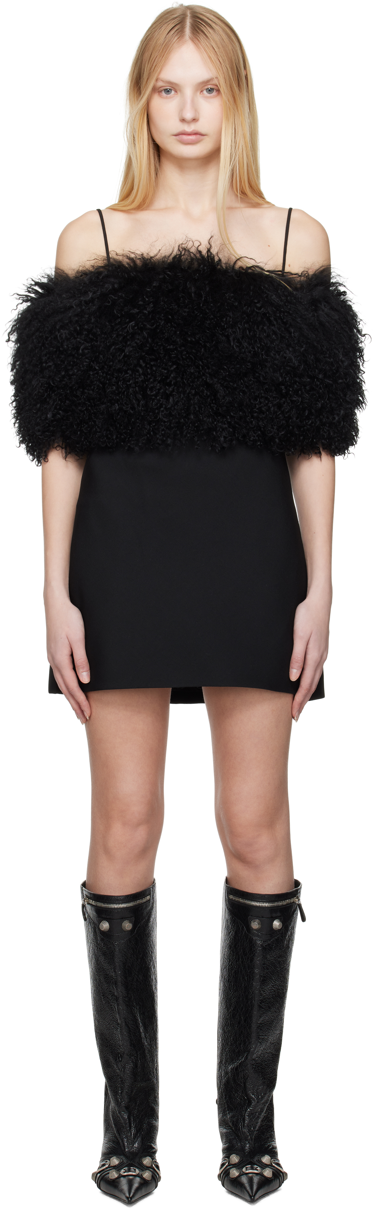 Black Detachable Mongolian Lamb Shearling Minidress