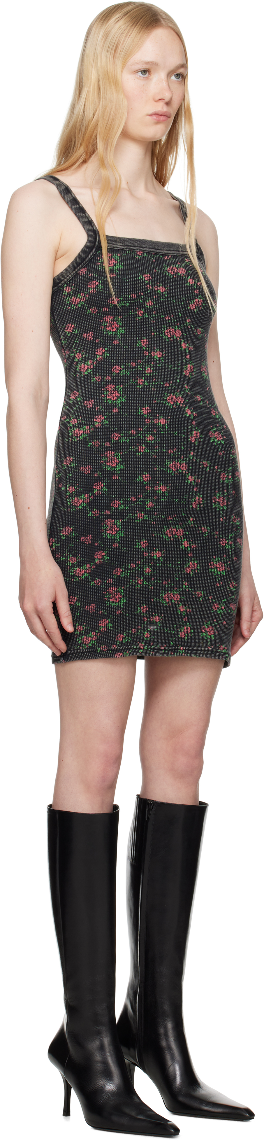 Alexander Wang Black Floral-print Waffle Knit Minidress In Washed Black Multi