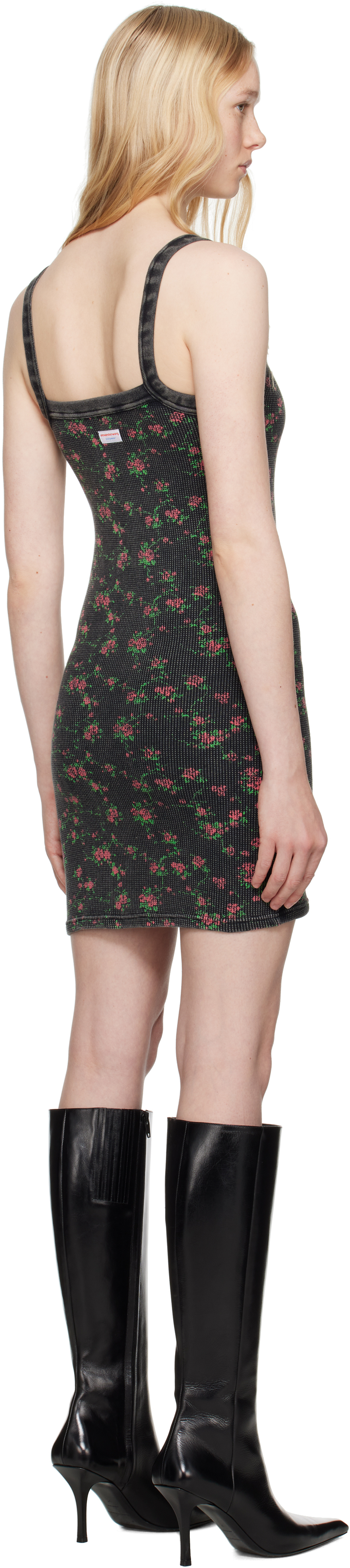 Alexander Wang Black Floral-print Waffle Knit Minidress In Washed Black Multi