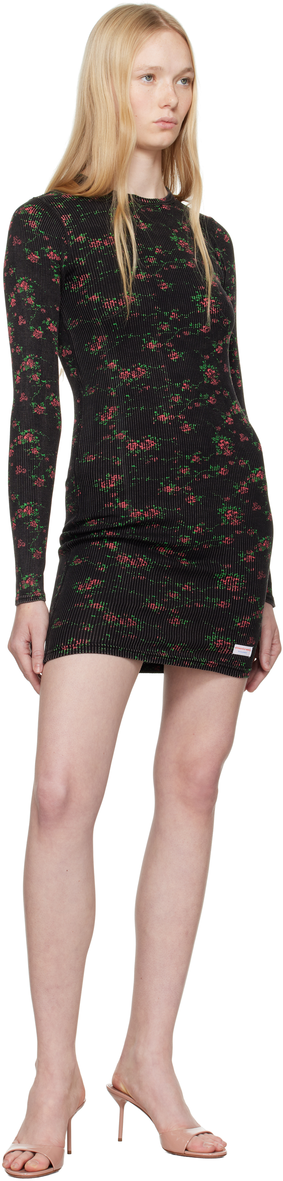 Alexander Wang Black Floral-print Ribbed Cotton Minidress In Washed Black Multi