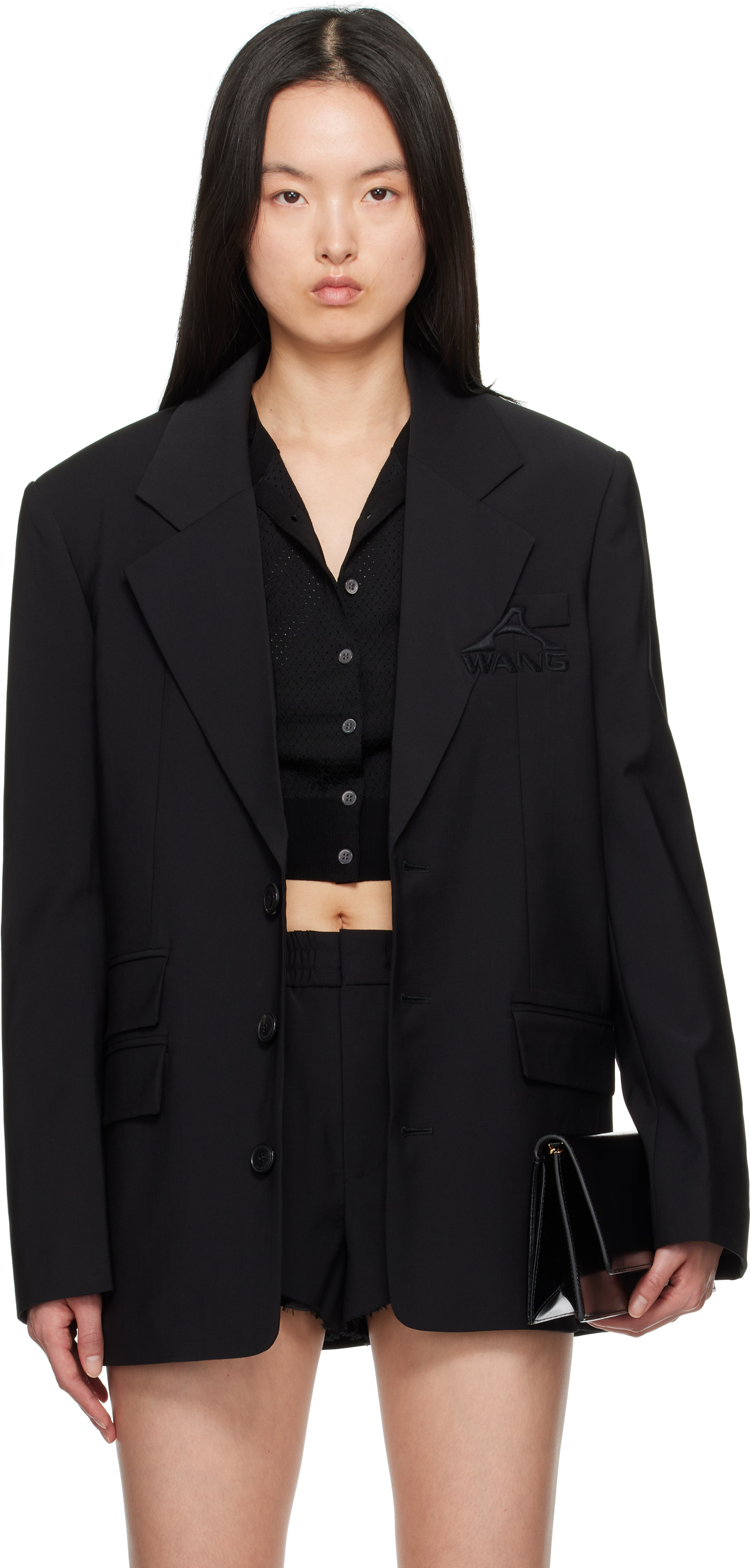 Black Oversized Logo-Embroidered Blazer