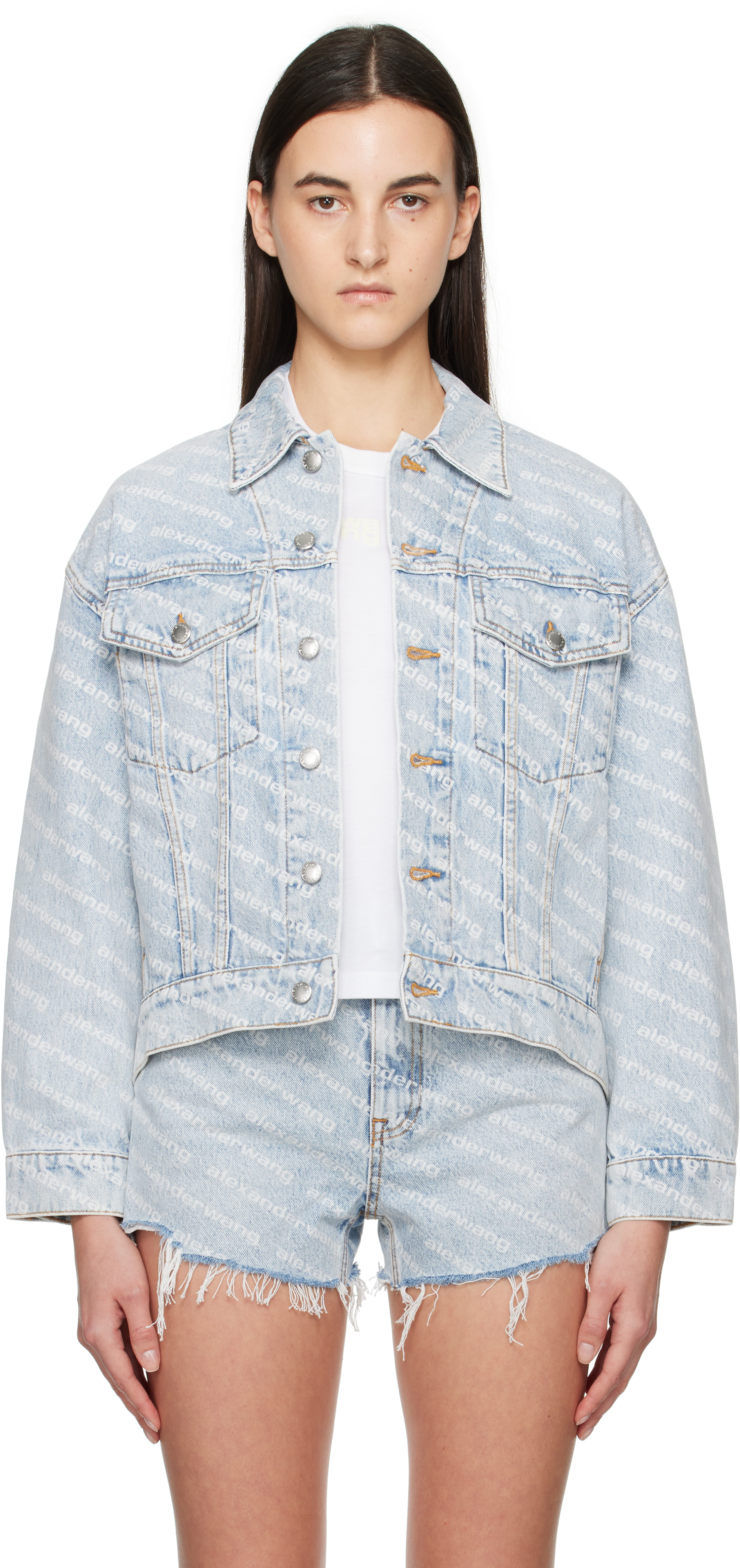 Blue Printed Falling Back Logo Denim Jacket