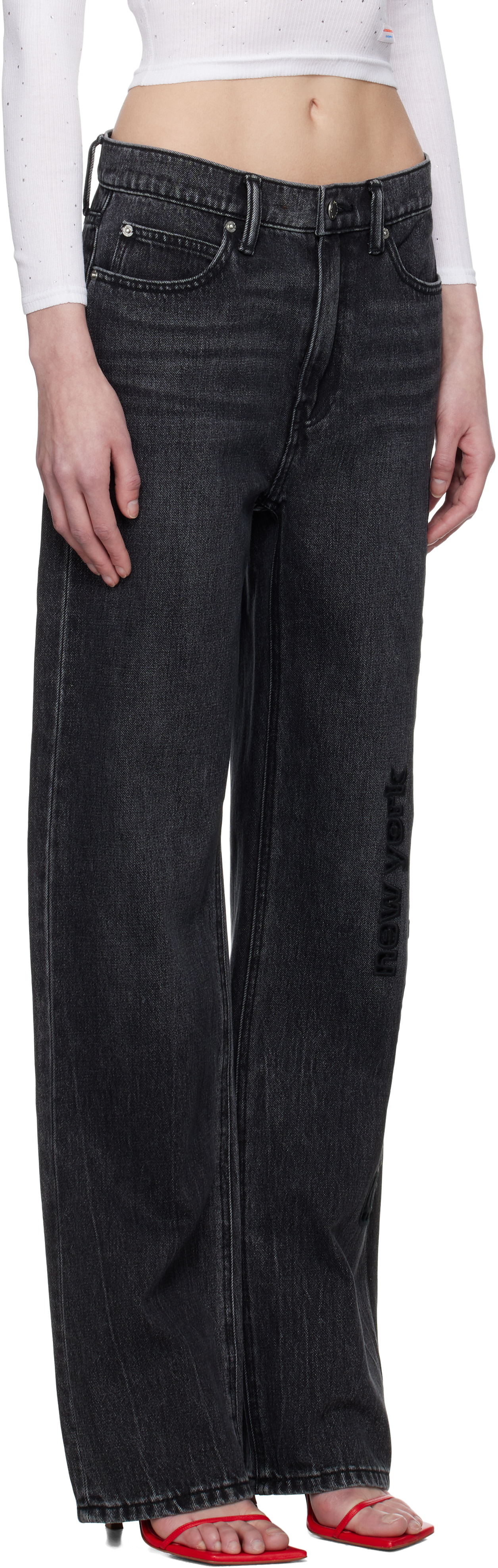 Alexander Wang Gray Ez Cut-out Logo Jeans In Grey Aged