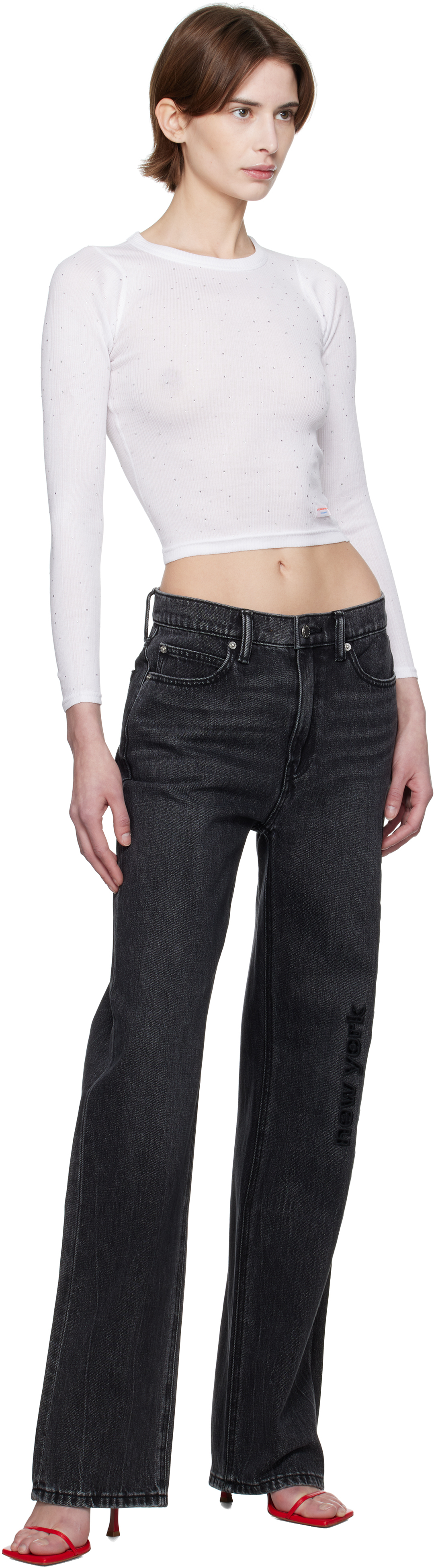 Alexander Wang Gray Ez Cut-out Logo Jeans In Grey Aged
