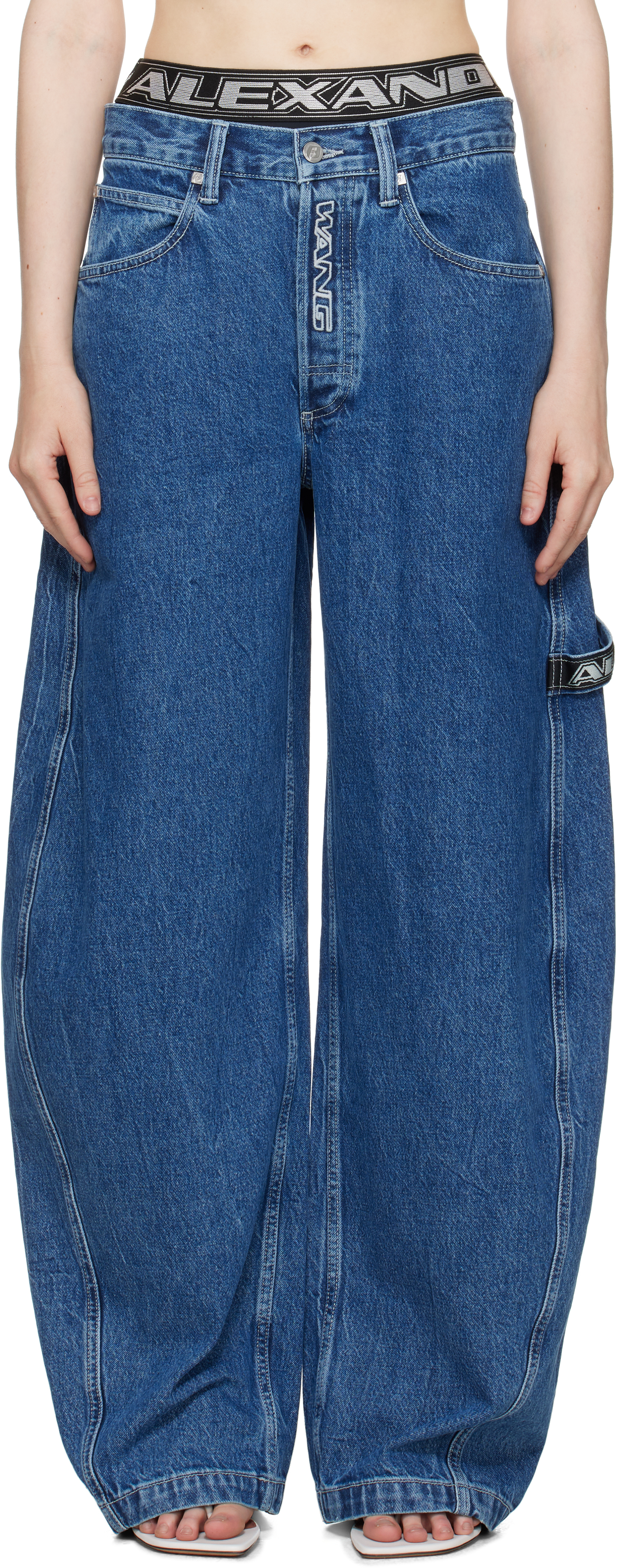 Blue Wide Logo Elastic Prestyle Rounded Jeans