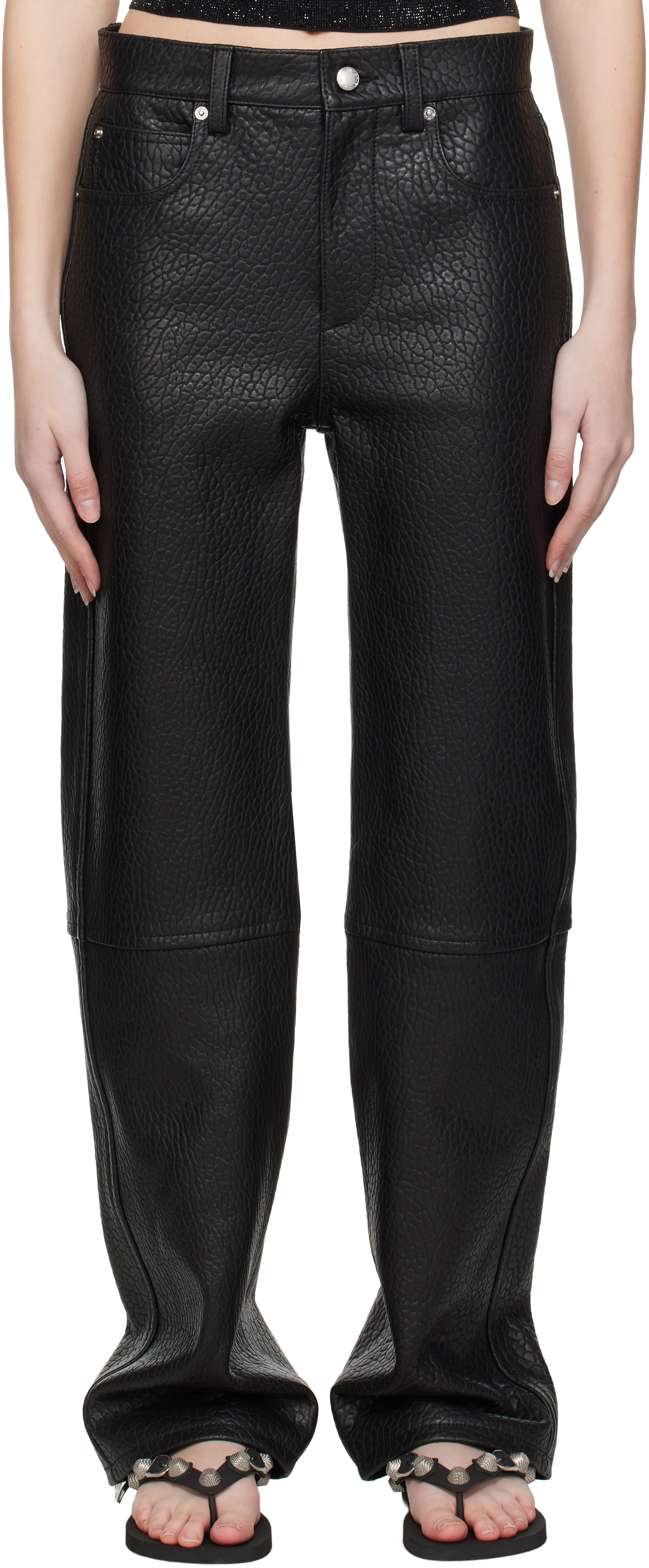 Black EZ Mid-Rise Relaxed Straight Leather Pants