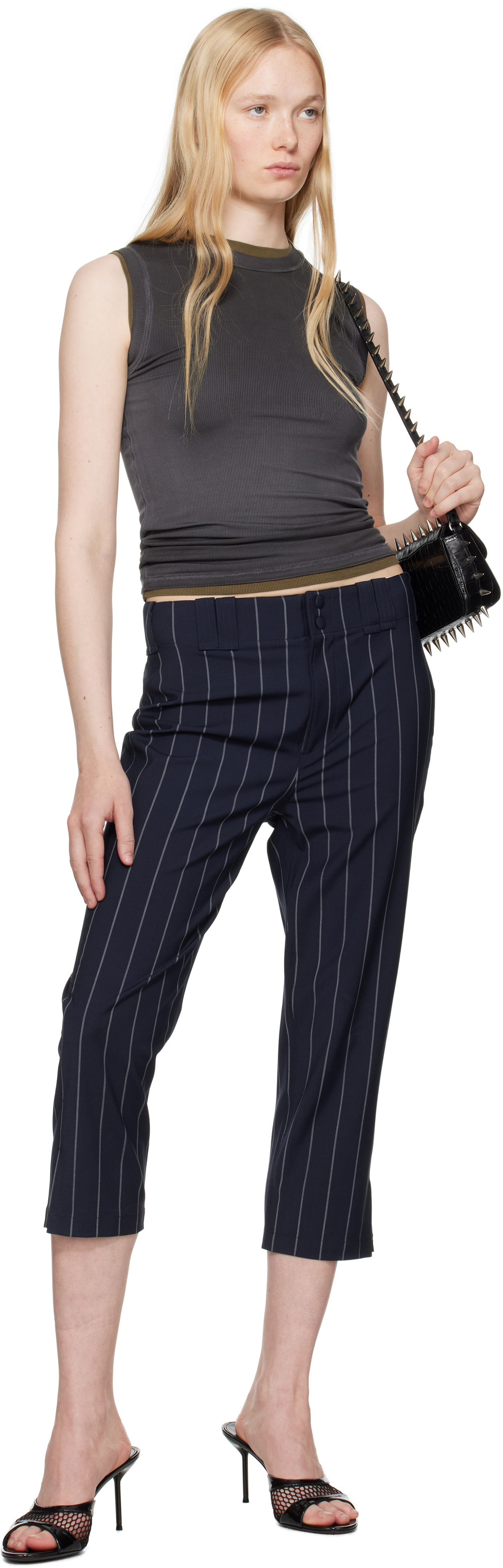Alexander Wang Navy Baseball Pinstripe Capri Trousers In Navy/grey